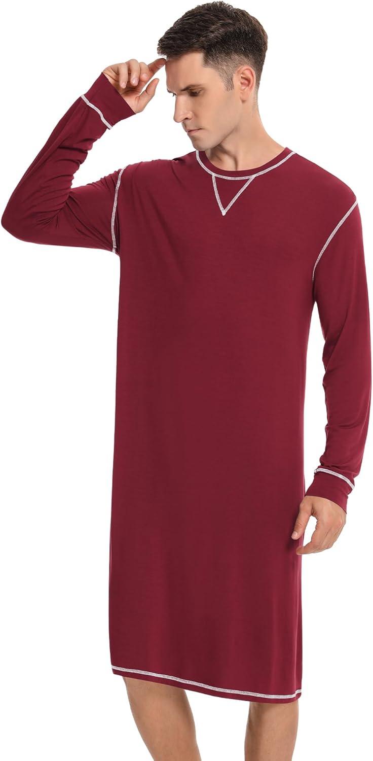 imageSWOMOG Mens Nightgown Long Sleeve Lounge Sleep Henley Shirt Pajama Big amp Tall Nightshirt Comfy Nightwear SXXLWine Red