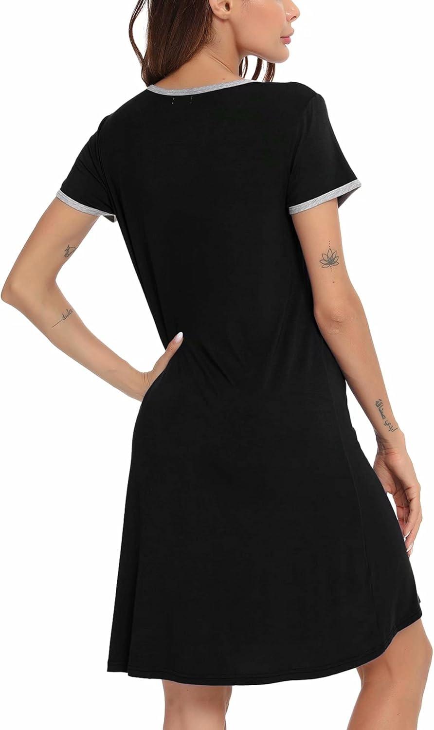 imageSWOMOG Night Shirts for Women Cotton Nightdress Round Neck Pajama Dress Short Sleeve Sleepwear Pleated Nightgown Black XLarge