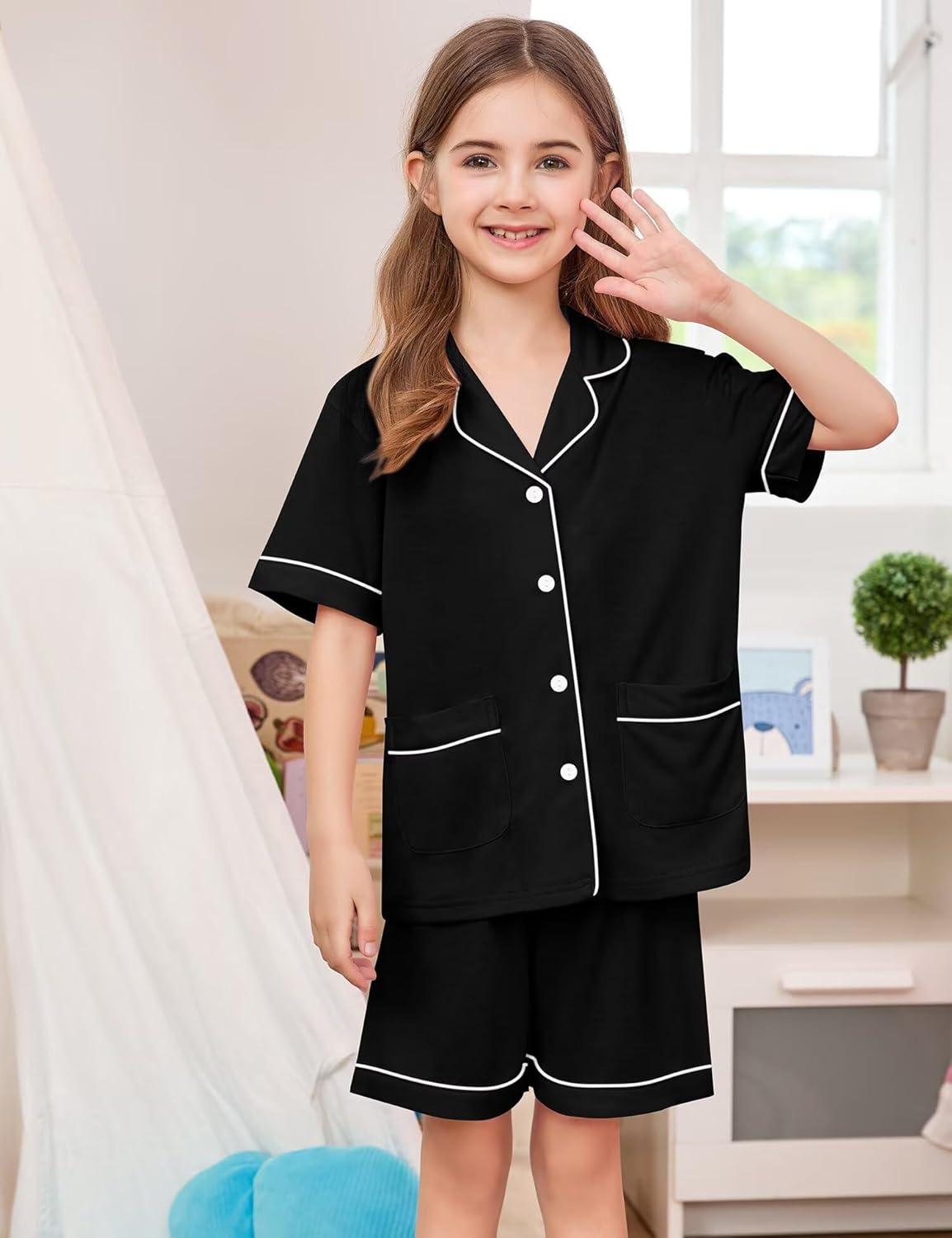 imageSWOMOG Unisex Girls Boys Soft Pajamas Set ButtonDown PJs Short Sleeve Sleepwear Toddler Cute Lounge Sets2 Pocketblack