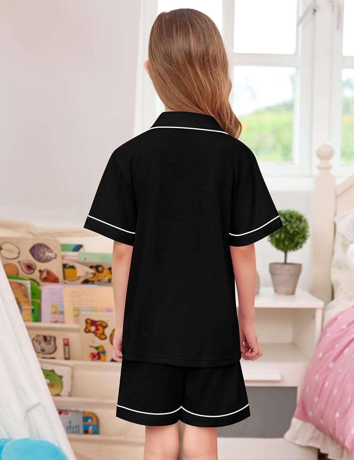imageSWOMOG Unisex Girls Boys Soft Pajamas Set ButtonDown PJs Short Sleeve Sleepwear Toddler Cute Lounge Sets2 Pocketblack