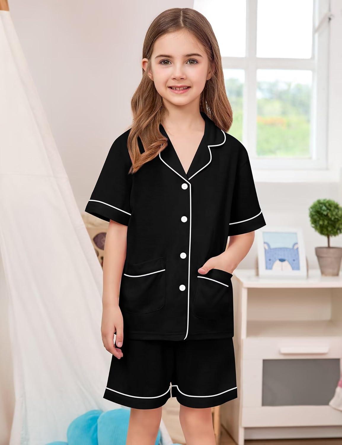 imageSWOMOG Unisex Girls Boys Soft Pajamas Set ButtonDown PJs Short Sleeve Sleepwear Toddler Cute Lounge Sets2 Pocketblack