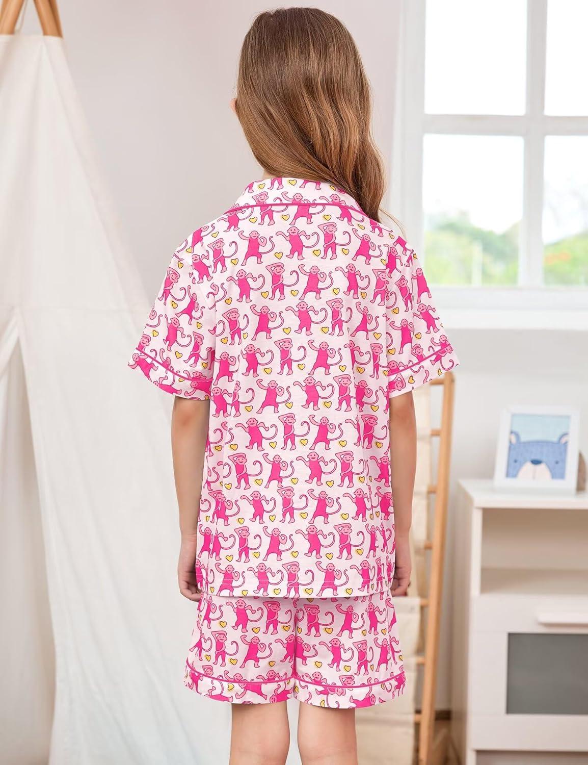 imageSWOMOG Unisex Girls Boys Soft Pajamas Set ButtonDown PJs Short Sleeve Sleepwear Toddler Cute Lounge Sets2 Pocketblsuh Pink Monkey