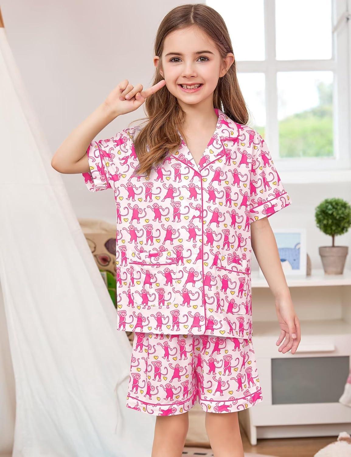 imageSWOMOG Unisex Girls Boys Soft Pajamas Set ButtonDown PJs Short Sleeve Sleepwear Toddler Cute Lounge Sets2 Pocketblsuh Pink Monkey
