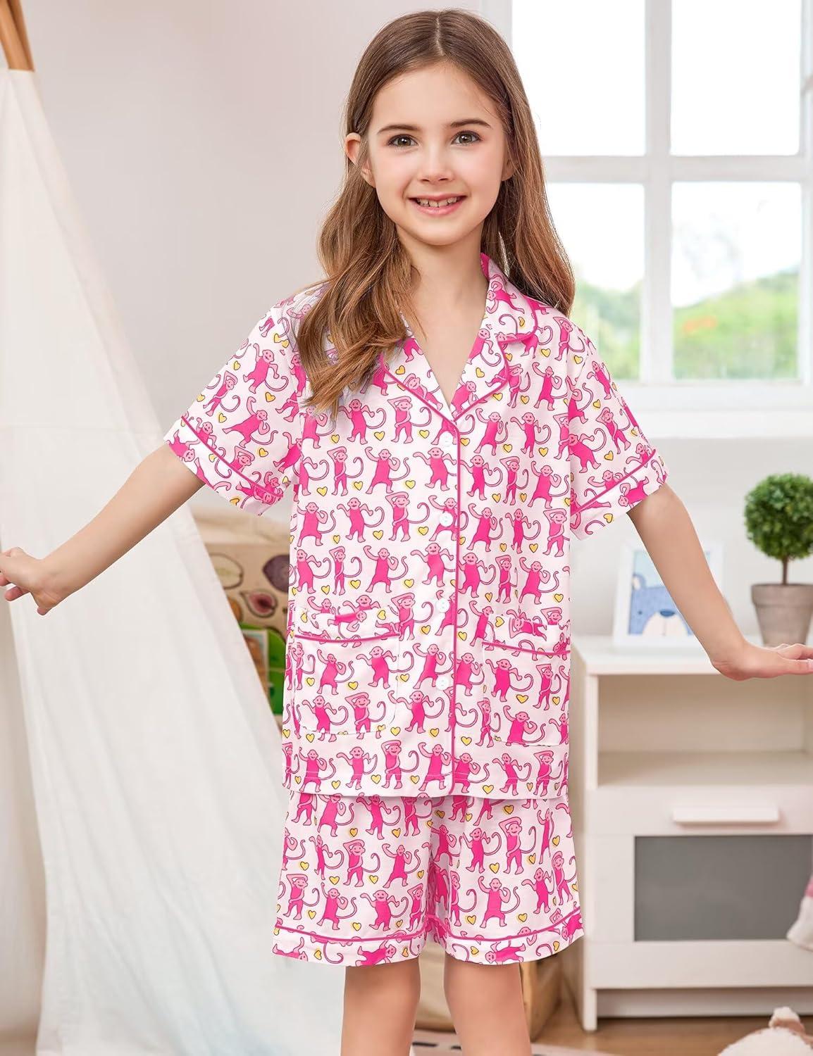 imageSWOMOG Unisex Girls Boys Soft Pajamas Set ButtonDown PJs Short Sleeve Sleepwear Toddler Cute Lounge Sets2 Pocketblsuh Pink Monkey