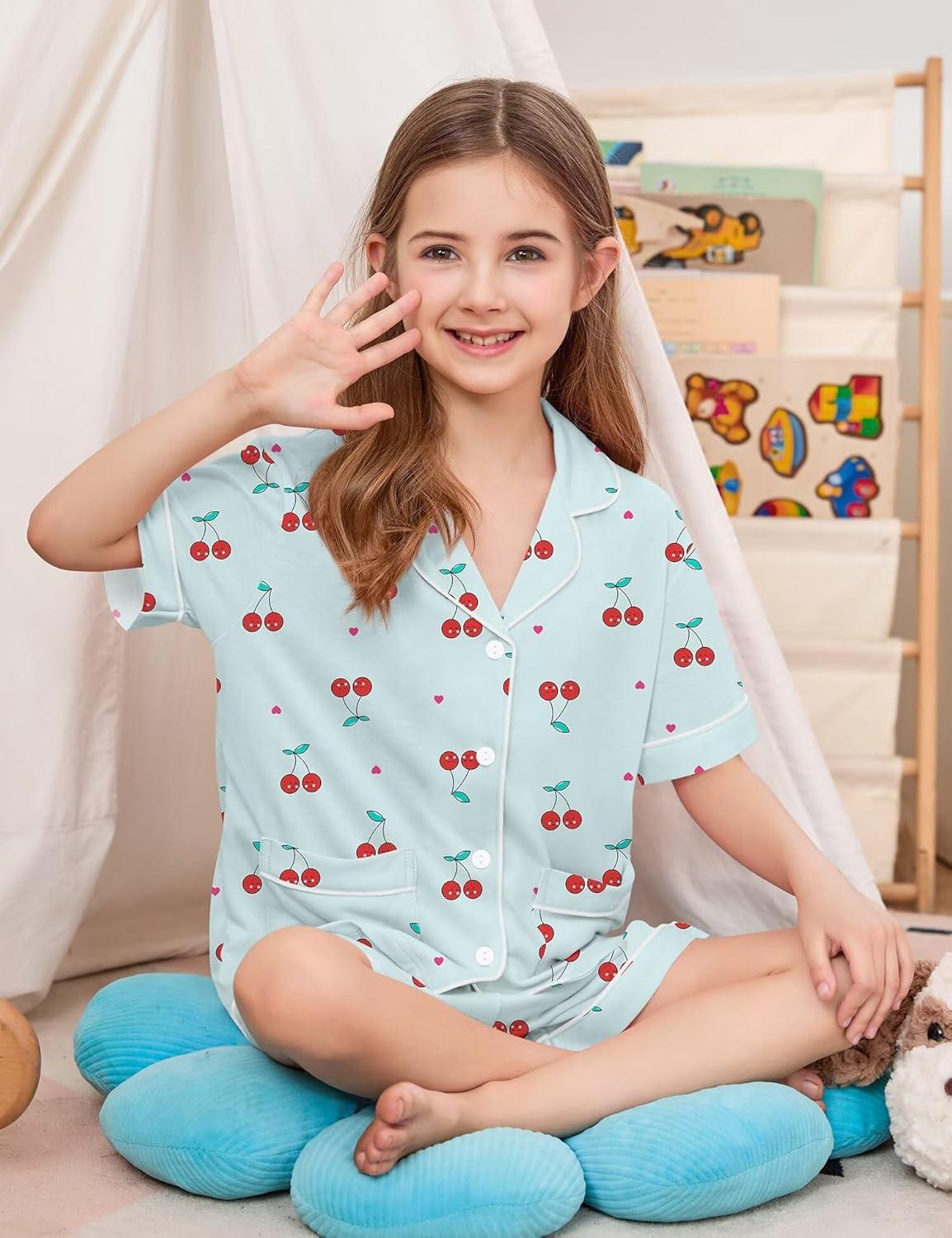imageSWOMOG Unisex Girls Boys Soft Pajamas Set ButtonDown PJs Short Sleeve Sleepwear Toddler Cute Lounge Sets2 Pocketblue Cherry