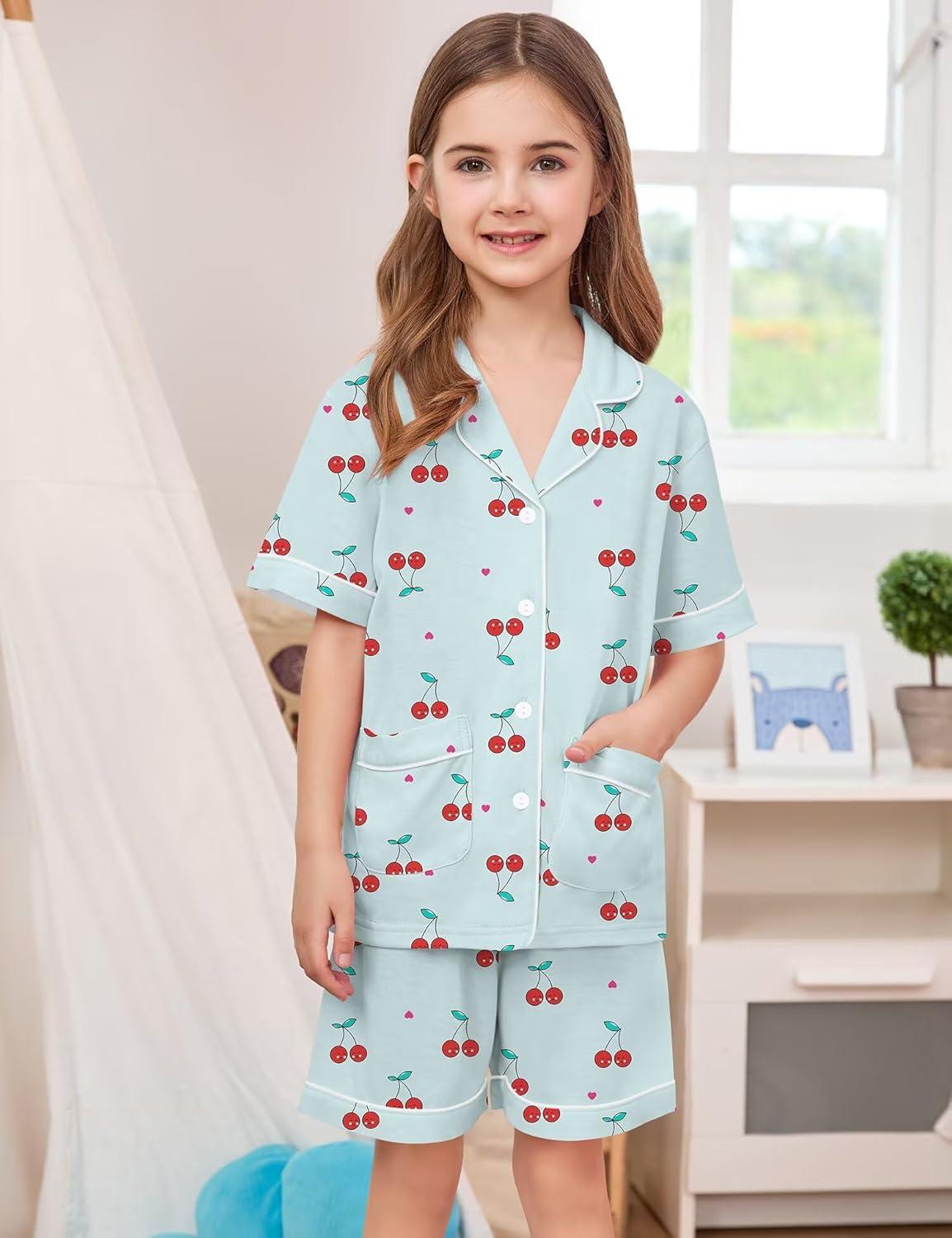 imageSWOMOG Unisex Girls Boys Soft Pajamas Set ButtonDown PJs Short Sleeve Sleepwear Toddler Cute Lounge Sets2 Pocketblue Cherry