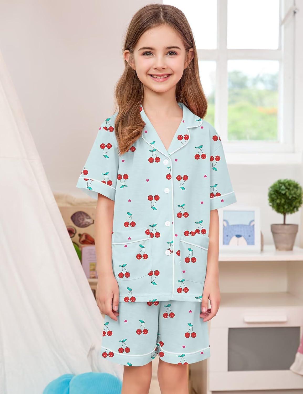 imageSWOMOG Unisex Girls Boys Soft Pajamas Set ButtonDown PJs Short Sleeve Sleepwear Toddler Cute Lounge Sets2 Pocketblue Cherry