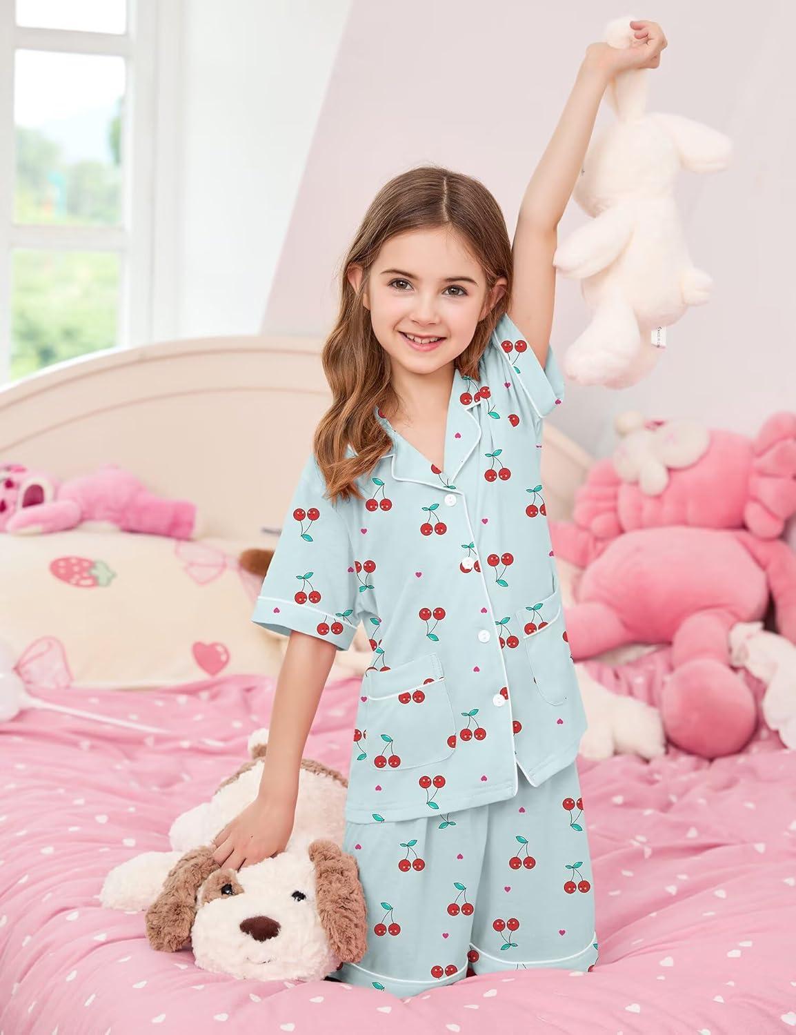 imageSWOMOG Unisex Girls Boys Soft Pajamas Set ButtonDown PJs Short Sleeve Sleepwear Toddler Cute Lounge Sets2 Pocketblue Cherry