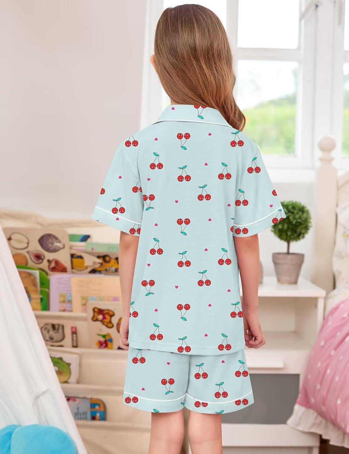 imageSWOMOG Unisex Girls Boys Soft Pajamas Set ButtonDown PJs Short Sleeve Sleepwear Toddler Cute Lounge Sets2 Pocketblue Cherry