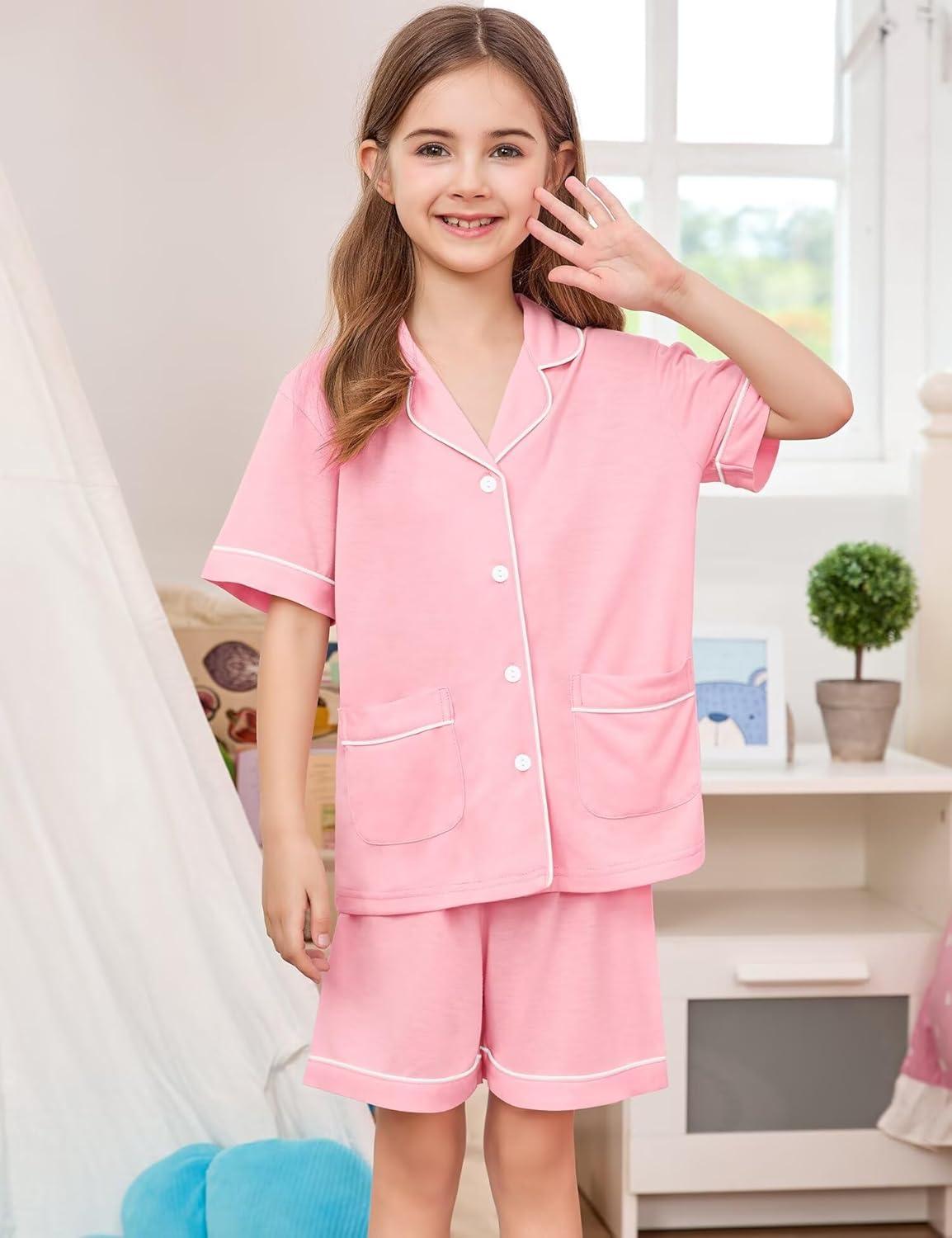 imageSWOMOG Unisex Girls Boys Soft Pajamas Set ButtonDown PJs Short Sleeve Sleepwear Toddler Cute Lounge Sets2 Pocketpink