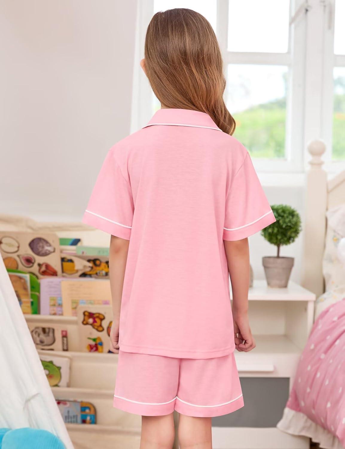 imageSWOMOG Unisex Girls Boys Soft Pajamas Set ButtonDown PJs Short Sleeve Sleepwear Toddler Cute Lounge Sets2 Pocketpink
