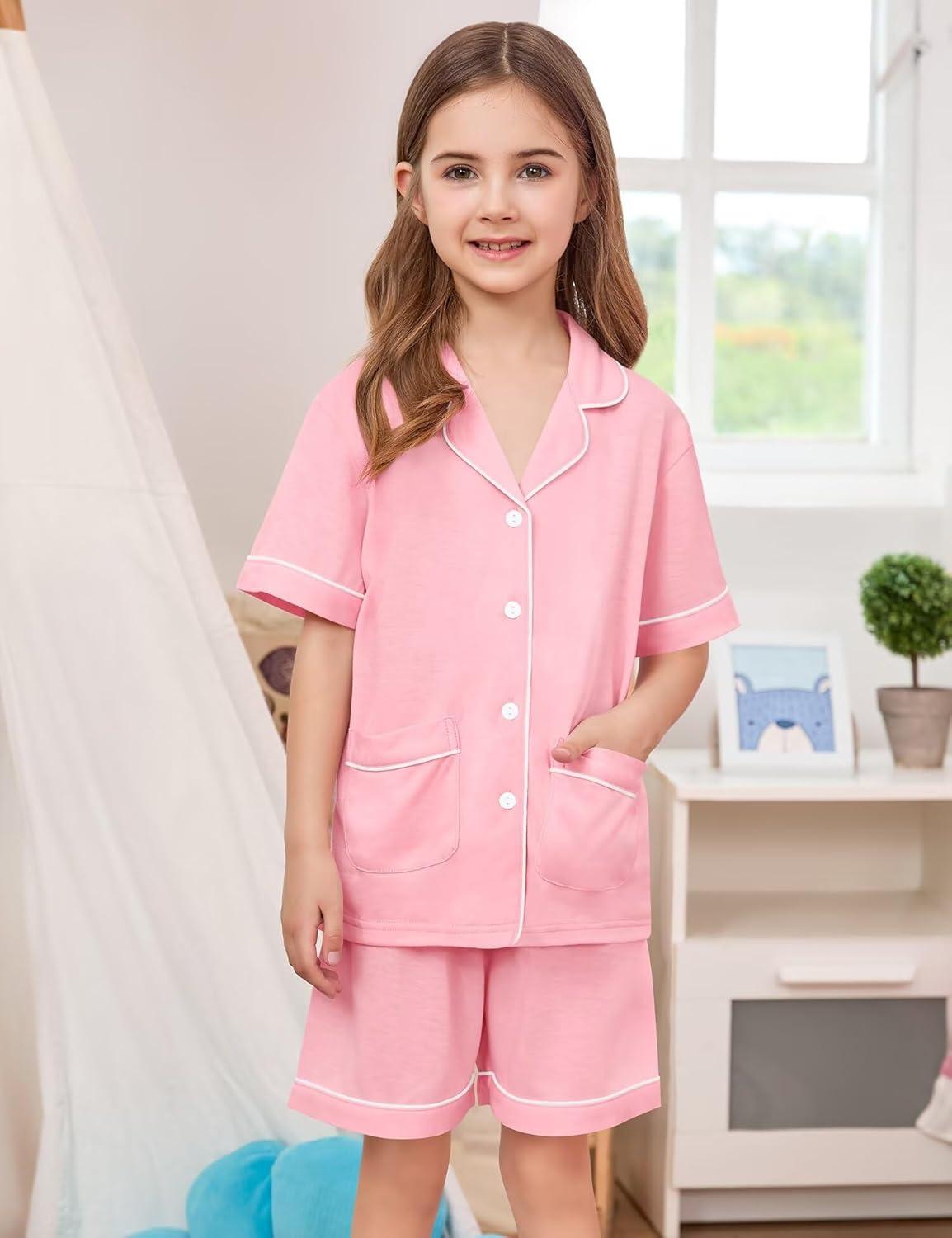 imageSWOMOG Unisex Girls Boys Soft Pajamas Set ButtonDown PJs Short Sleeve Sleepwear Toddler Cute Lounge Sets2 Pocketpink