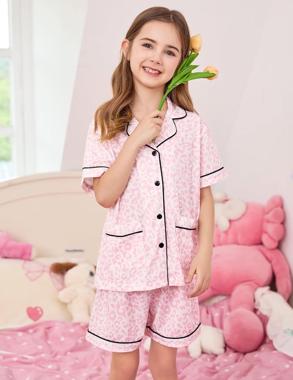 imageSWOMOG Unisex Girls Boys Soft Pajamas Set ButtonDown PJs Short Sleeve Sleepwear Toddler Cute Lounge Sets2 Pocketpink Leopard