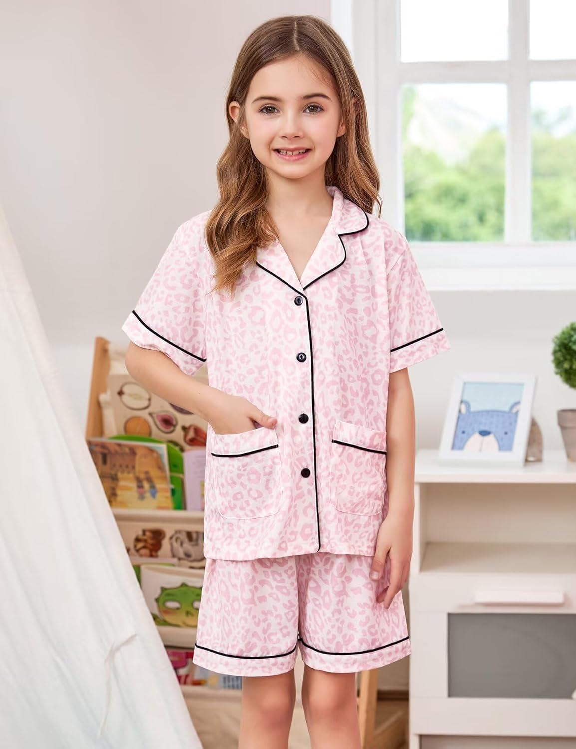 imageSWOMOG Unisex Girls Boys Soft Pajamas Set ButtonDown PJs Short Sleeve Sleepwear Toddler Cute Lounge Sets2 Pocketpink Leopard