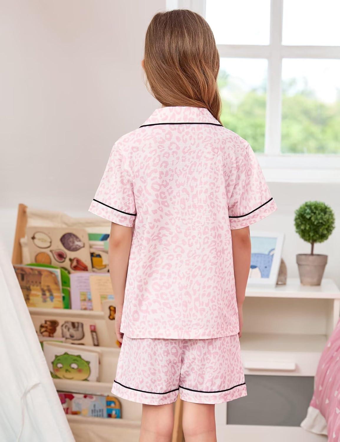 imageSWOMOG Unisex Girls Boys Soft Pajamas Set ButtonDown PJs Short Sleeve Sleepwear Toddler Cute Lounge Sets2 Pocketpink Leopard
