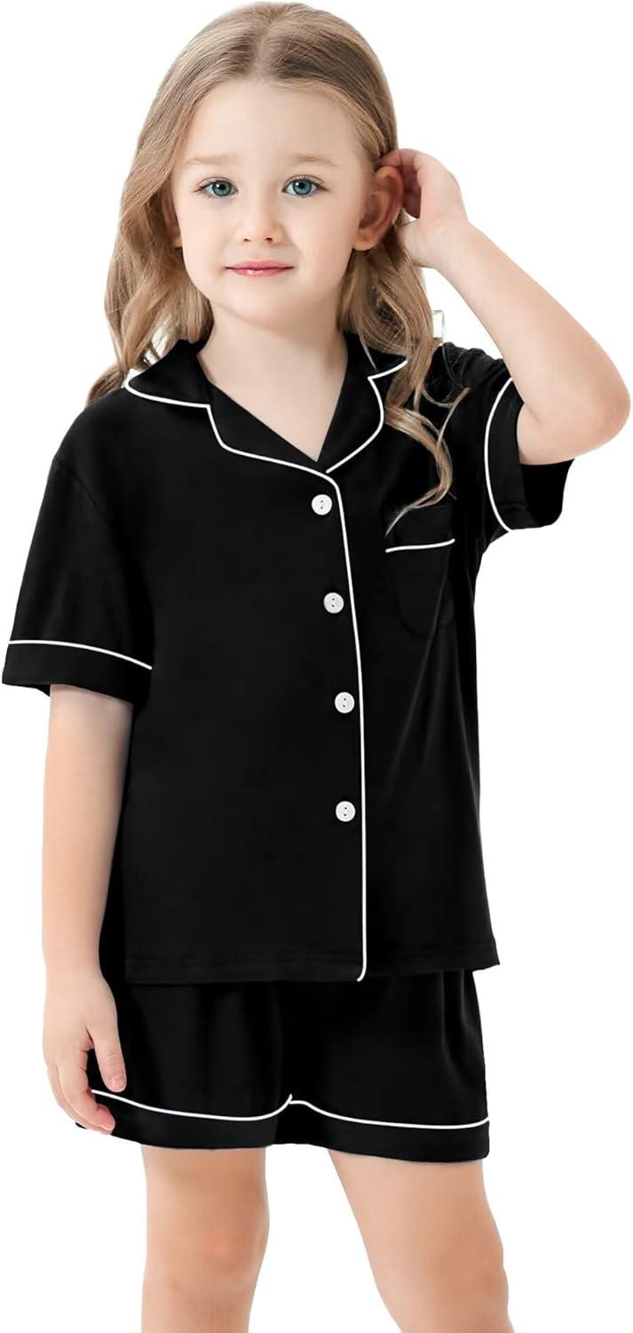 imageSWOMOG Unisex Girls Boys Soft Pajamas Set ButtonDown PJs Short Sleeve Sleepwear Toddler Cute Lounge SetsBlack