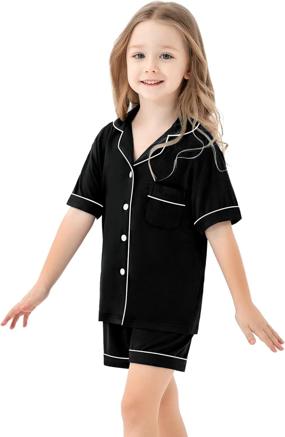 imageSWOMOG Unisex Girls Boys Soft Pajamas Set ButtonDown PJs Short Sleeve Sleepwear Toddler Cute Lounge SetsBlack