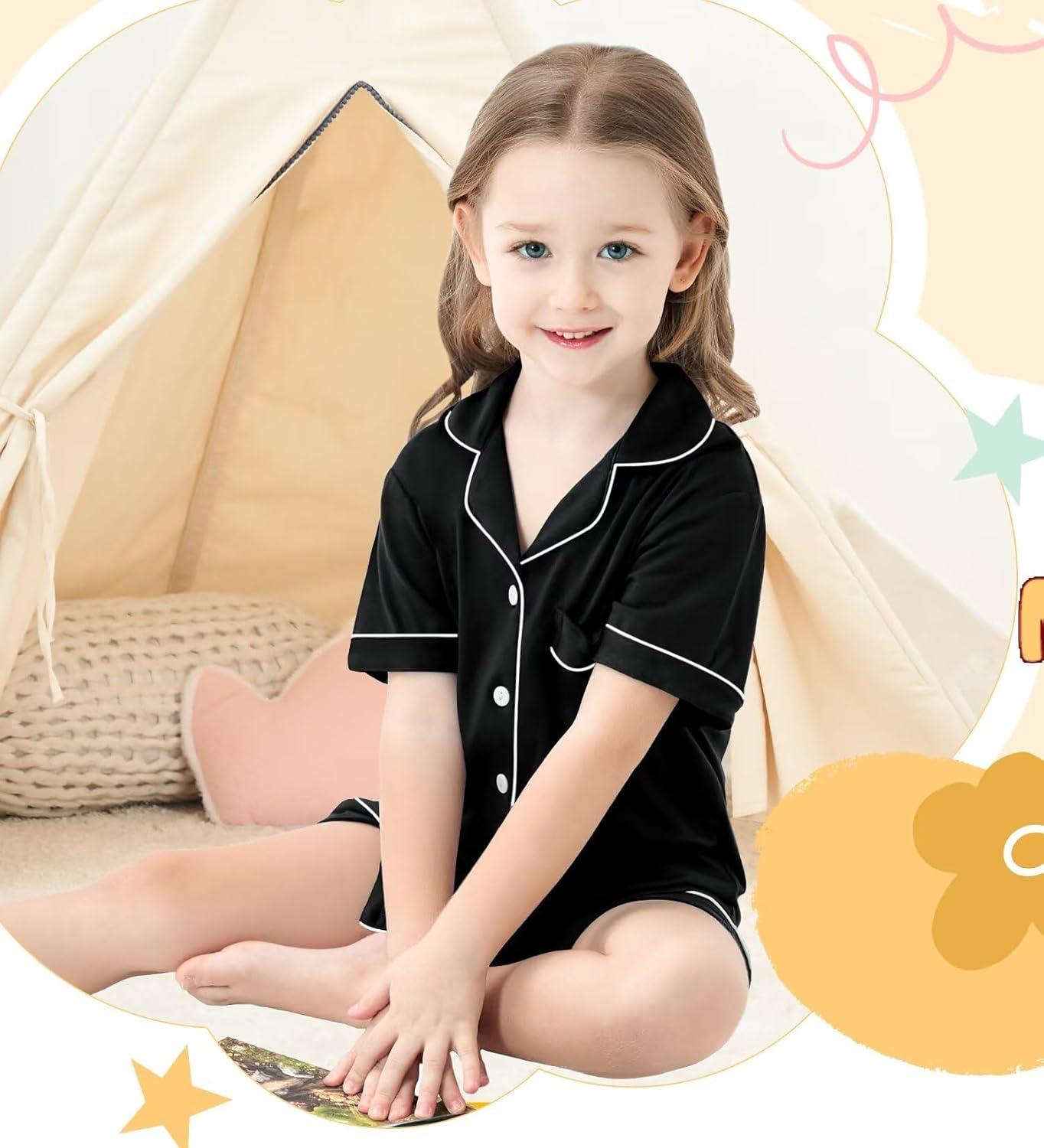 imageSWOMOG Unisex Girls Boys Soft Pajamas Set ButtonDown PJs Short Sleeve Sleepwear Toddler Cute Lounge SetsBlack