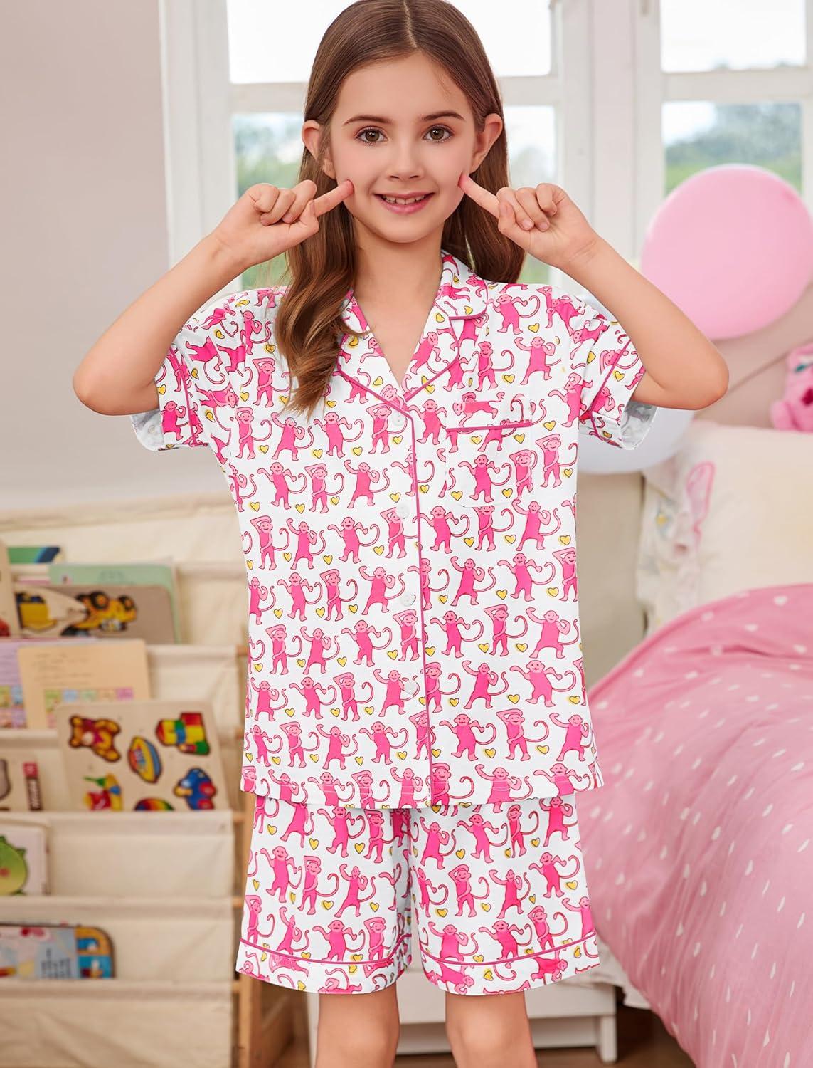 imageSWOMOG Unisex Girls Boys Soft Pajamas Set ButtonDown PJs Short Sleeve Sleepwear Toddler Cute Lounge SetsBlsuh Pink Monkey