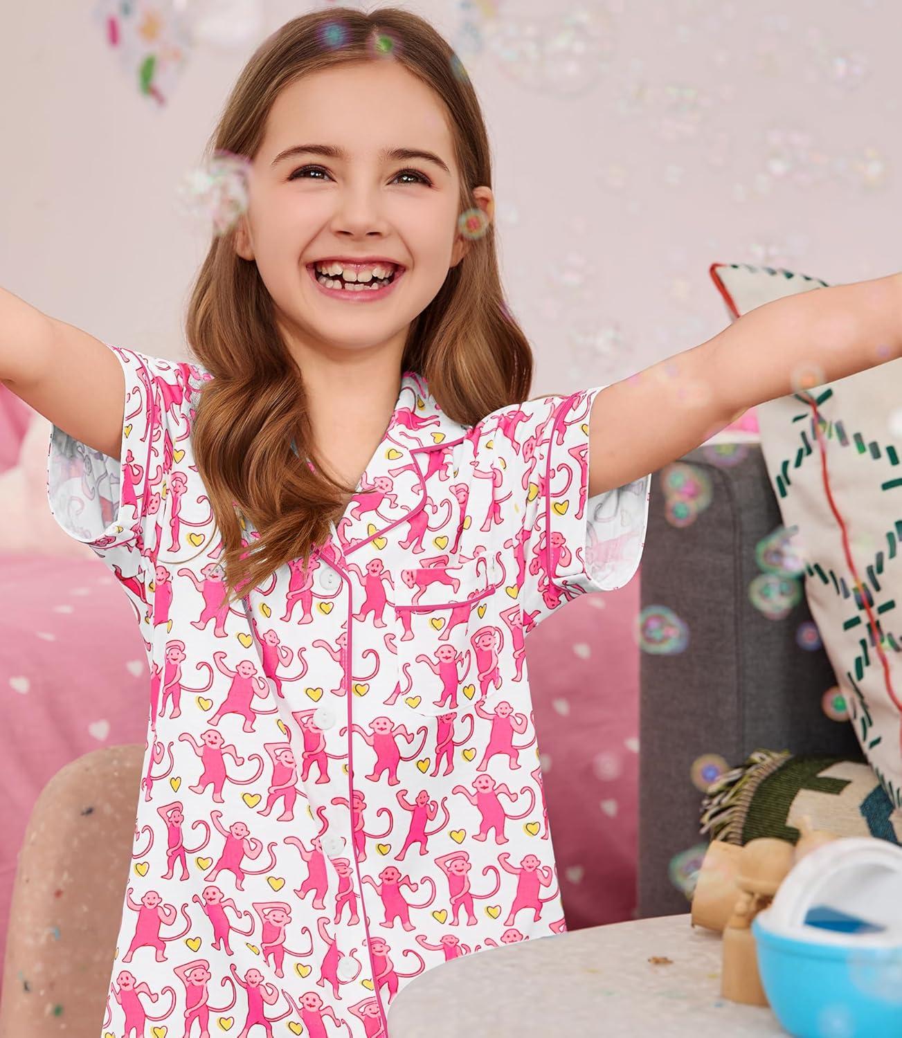 imageSWOMOG Unisex Girls Boys Soft Pajamas Set ButtonDown PJs Short Sleeve Sleepwear Toddler Cute Lounge SetsBlsuh Pink Monkey
