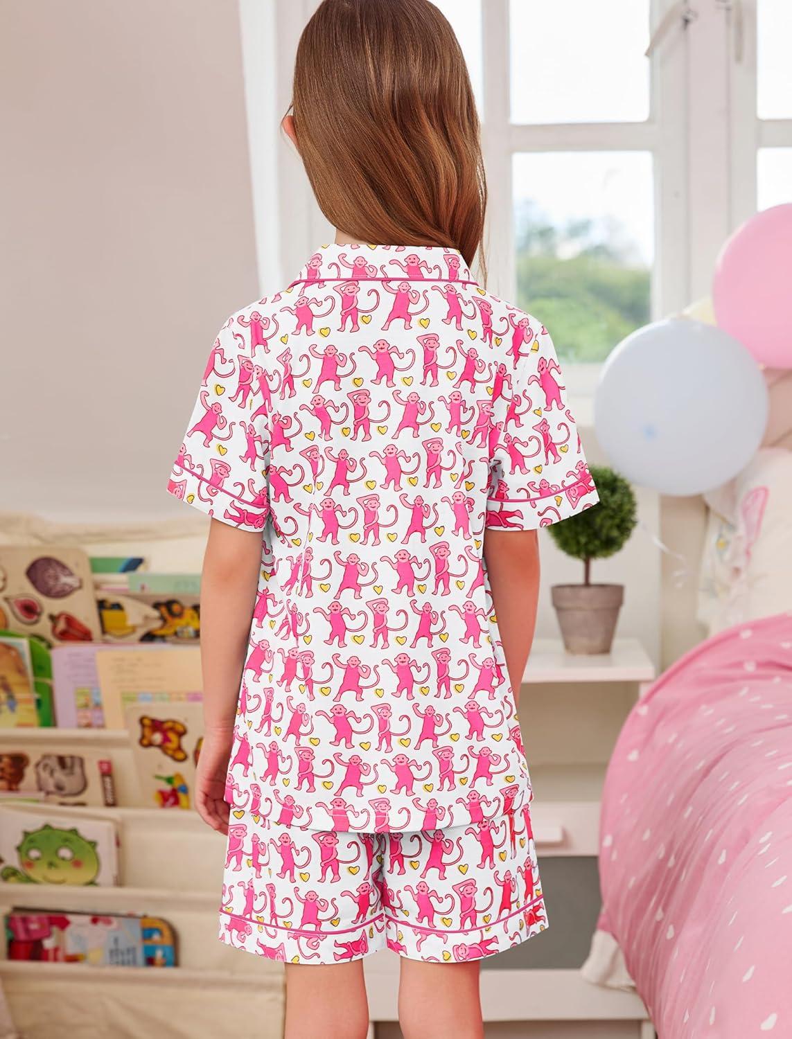 imageSWOMOG Unisex Girls Boys Soft Pajamas Set ButtonDown PJs Short Sleeve Sleepwear Toddler Cute Lounge SetsBlsuh Pink Monkey