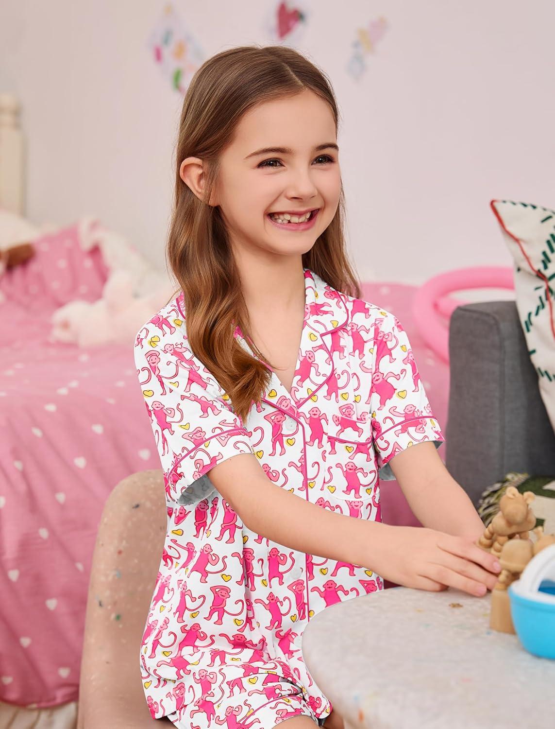 imageSWOMOG Unisex Girls Boys Soft Pajamas Set ButtonDown PJs Short Sleeve Sleepwear Toddler Cute Lounge SetsBlsuh Pink Monkey