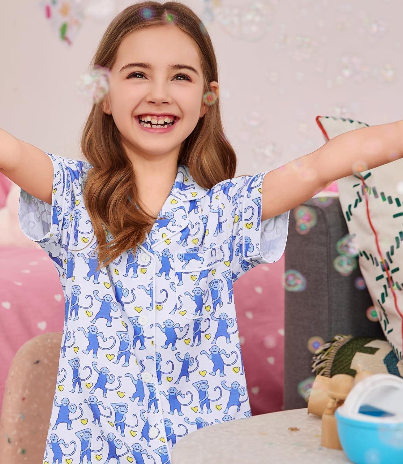 imageSWOMOG Unisex Girls Boys Soft Pajamas Set ButtonDown PJs Short Sleeve Sleepwear Toddler Cute Lounge SetsBlue Monkey