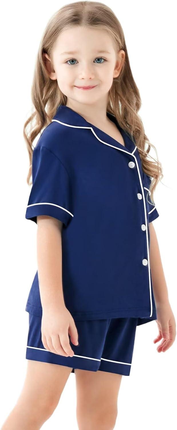 imageSWOMOG Unisex Girls Boys Soft Pajamas Set ButtonDown PJs Short Sleeve Sleepwear Toddler Cute Lounge SetsNavy