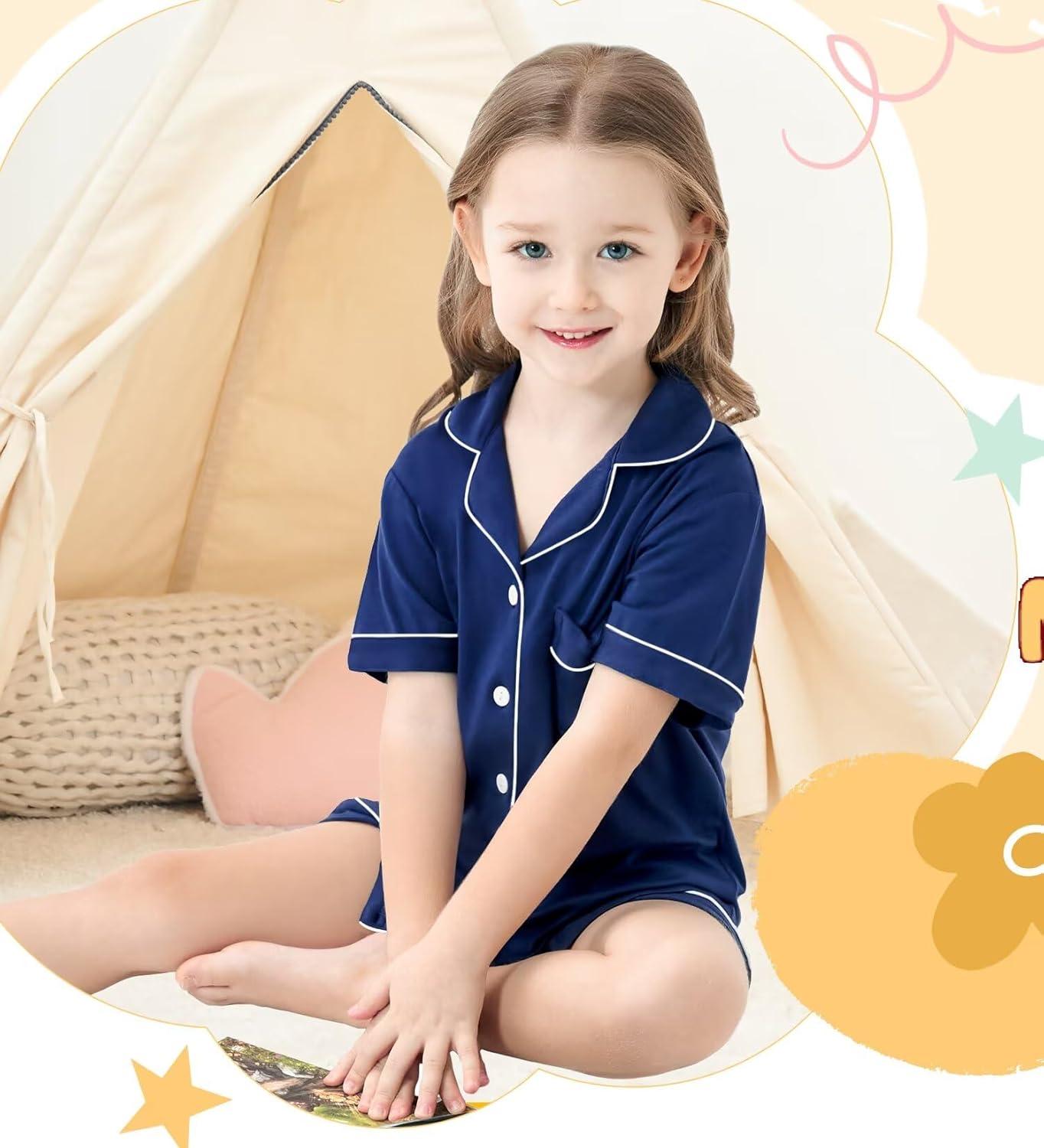 imageSWOMOG Unisex Girls Boys Soft Pajamas Set ButtonDown PJs Short Sleeve Sleepwear Toddler Cute Lounge SetsNavy