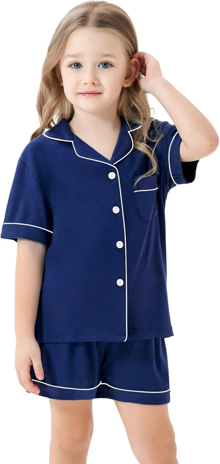 imageSWOMOG Unisex Girls Boys Soft Pajamas Set ButtonDown PJs Short Sleeve Sleepwear Toddler Cute Lounge SetsNavy