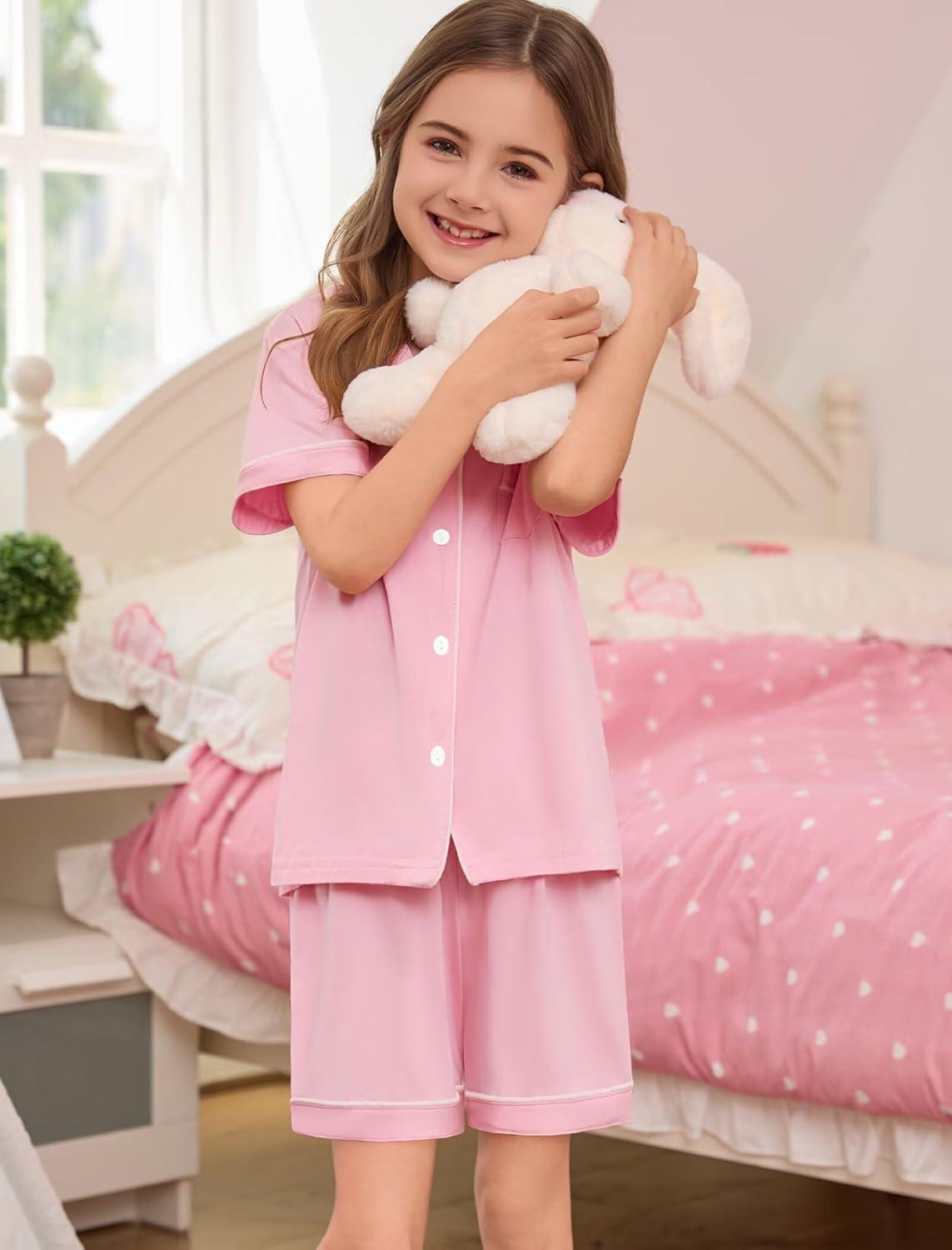 imageSWOMOG Unisex Girls Boys Soft Pajamas Set ButtonDown PJs Short Sleeve Sleepwear Toddler Cute Lounge SetsPink