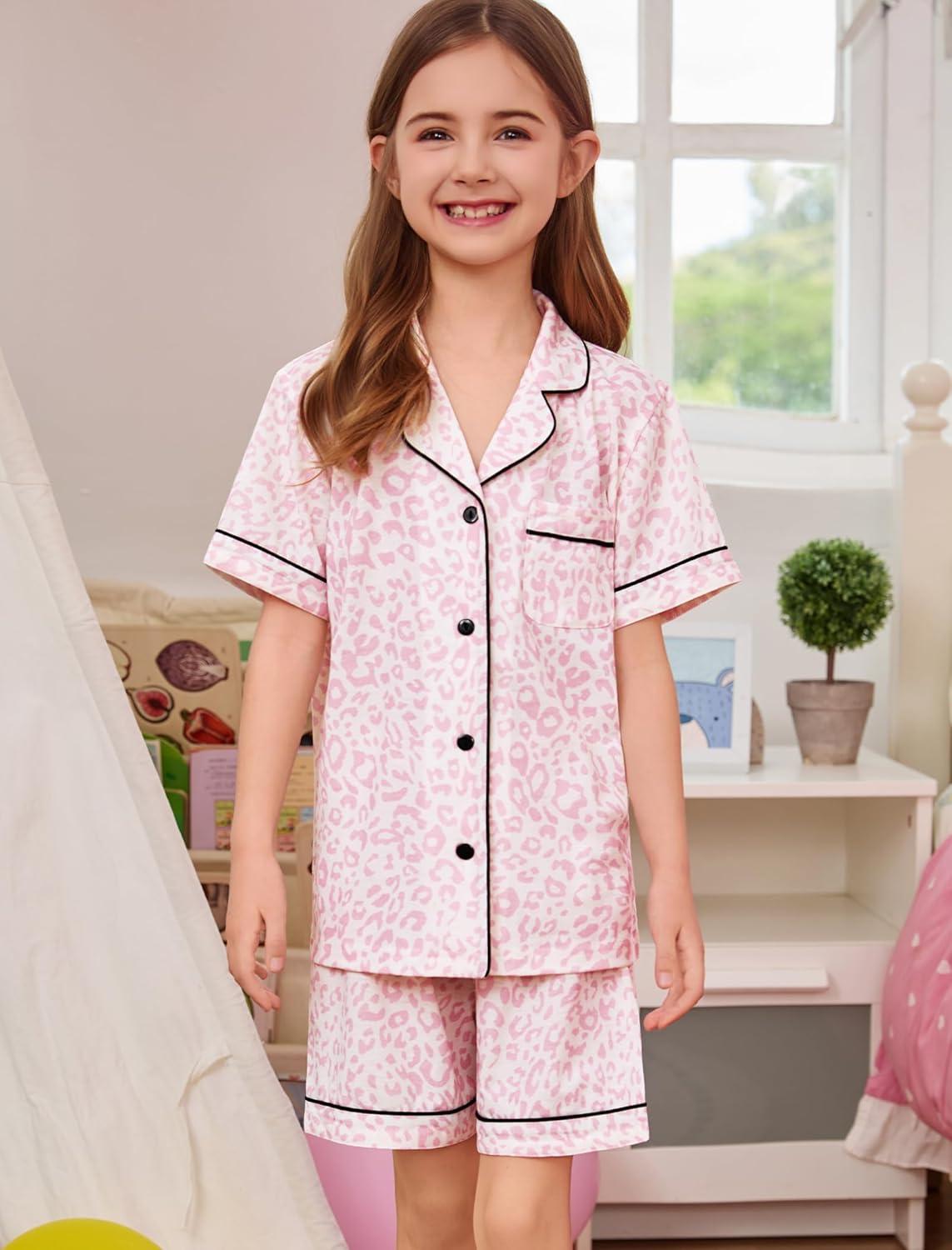 imageSWOMOG Unisex Girls Boys Soft Pajamas Set ButtonDown PJs Short Sleeve Sleepwear Toddler Cute Lounge SetsPink Leopard