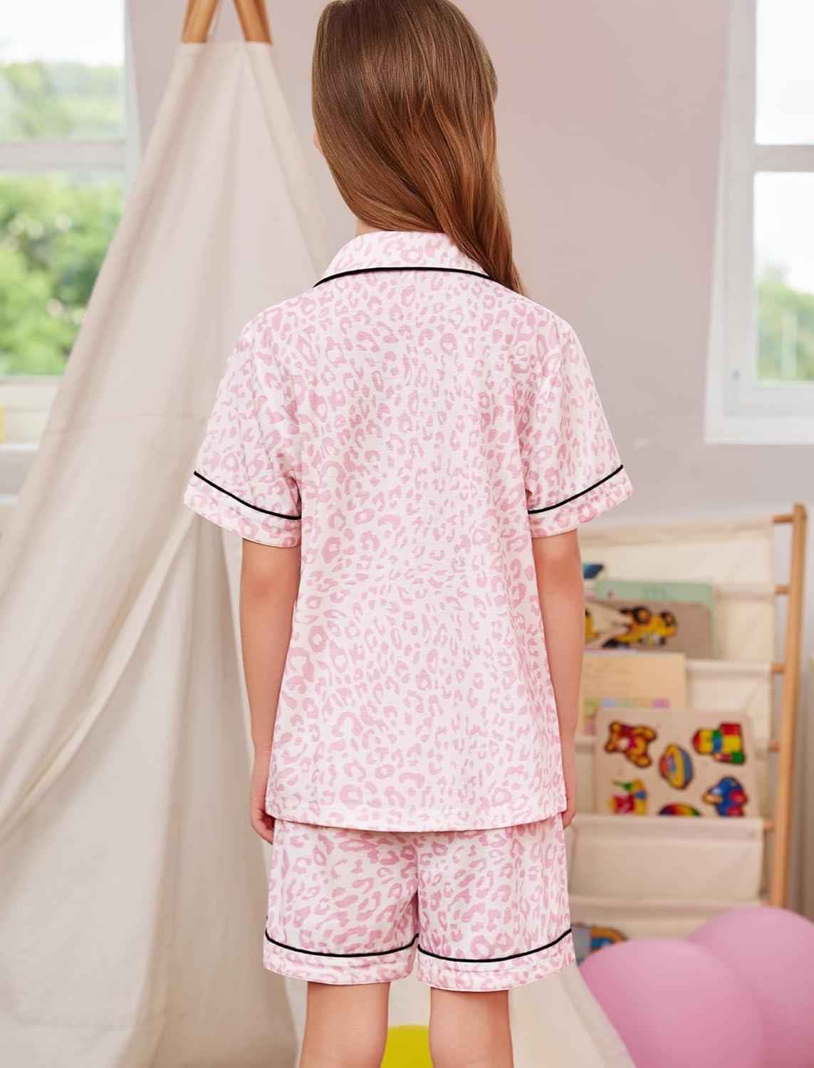 imageSWOMOG Unisex Girls Boys Soft Pajamas Set ButtonDown PJs Short Sleeve Sleepwear Toddler Cute Lounge SetsPink Leopard