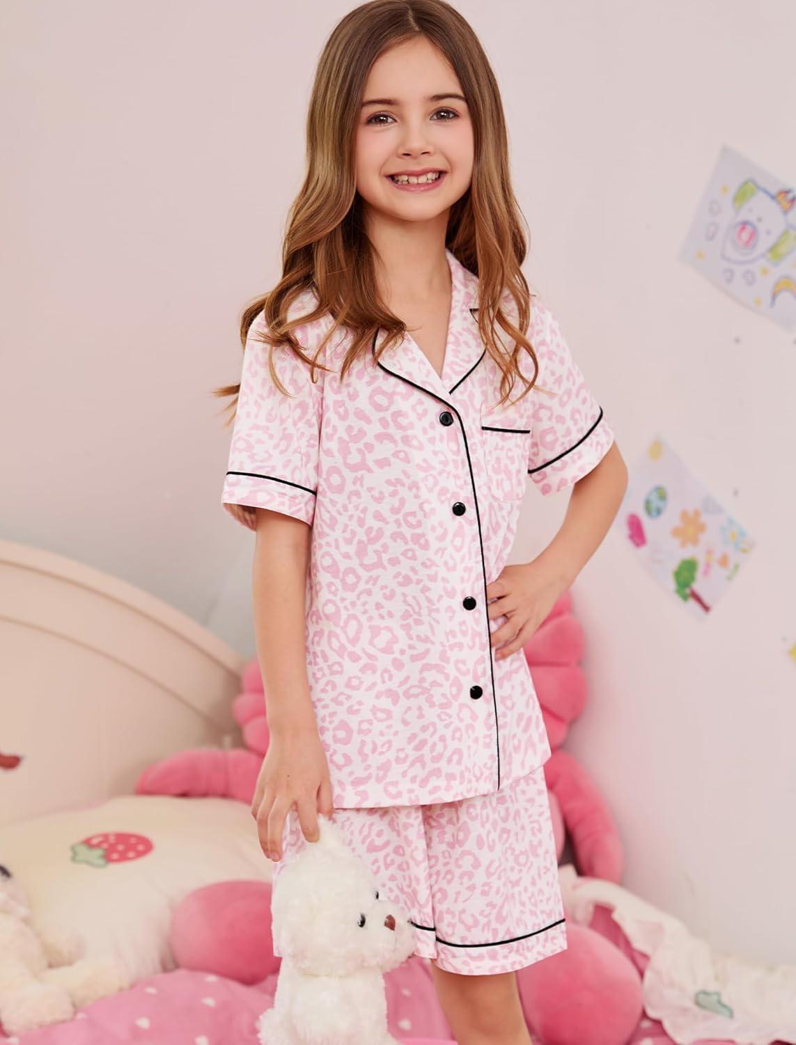 imageSWOMOG Unisex Girls Boys Soft Pajamas Set ButtonDown PJs Short Sleeve Sleepwear Toddler Cute Lounge SetsPink Leopard