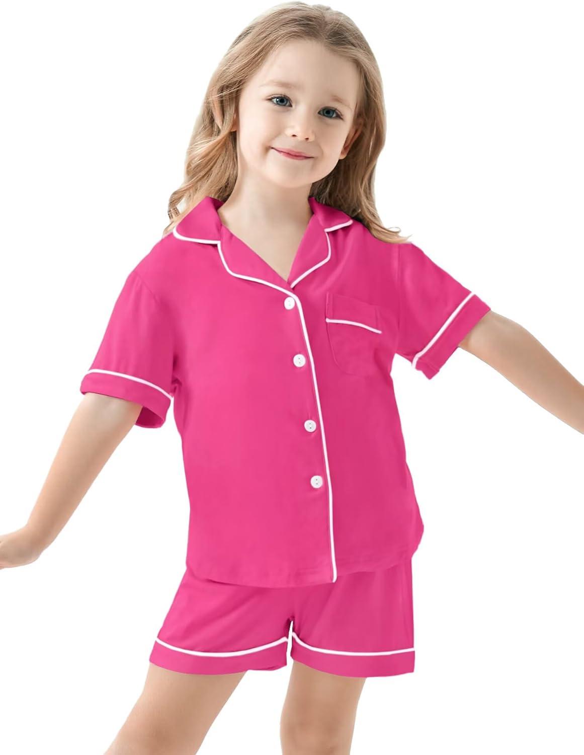 imageSWOMOG Unisex Girls Boys Soft Pajamas Set ButtonDown PJs Short Sleeve Sleepwear Toddler Cute Lounge SetsRose Red