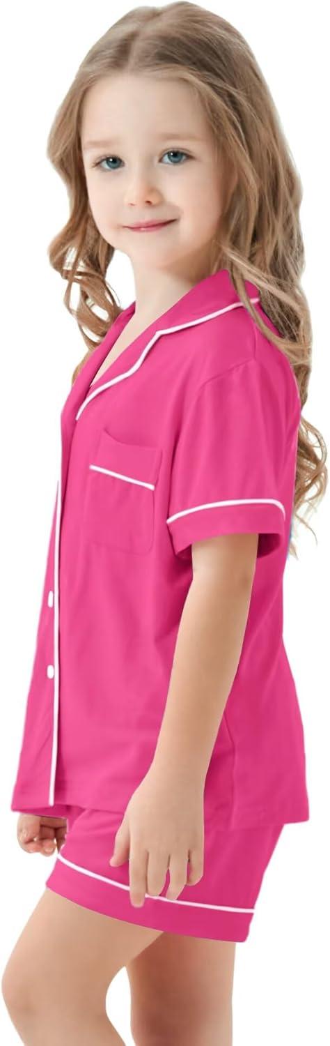 imageSWOMOG Unisex Girls Boys Soft Pajamas Set ButtonDown PJs Short Sleeve Sleepwear Toddler Cute Lounge SetsRose Red