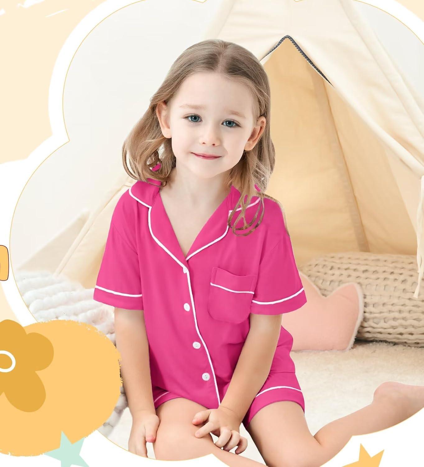 imageSWOMOG Unisex Girls Boys Soft Pajamas Set ButtonDown PJs Short Sleeve Sleepwear Toddler Cute Lounge SetsRose Red
