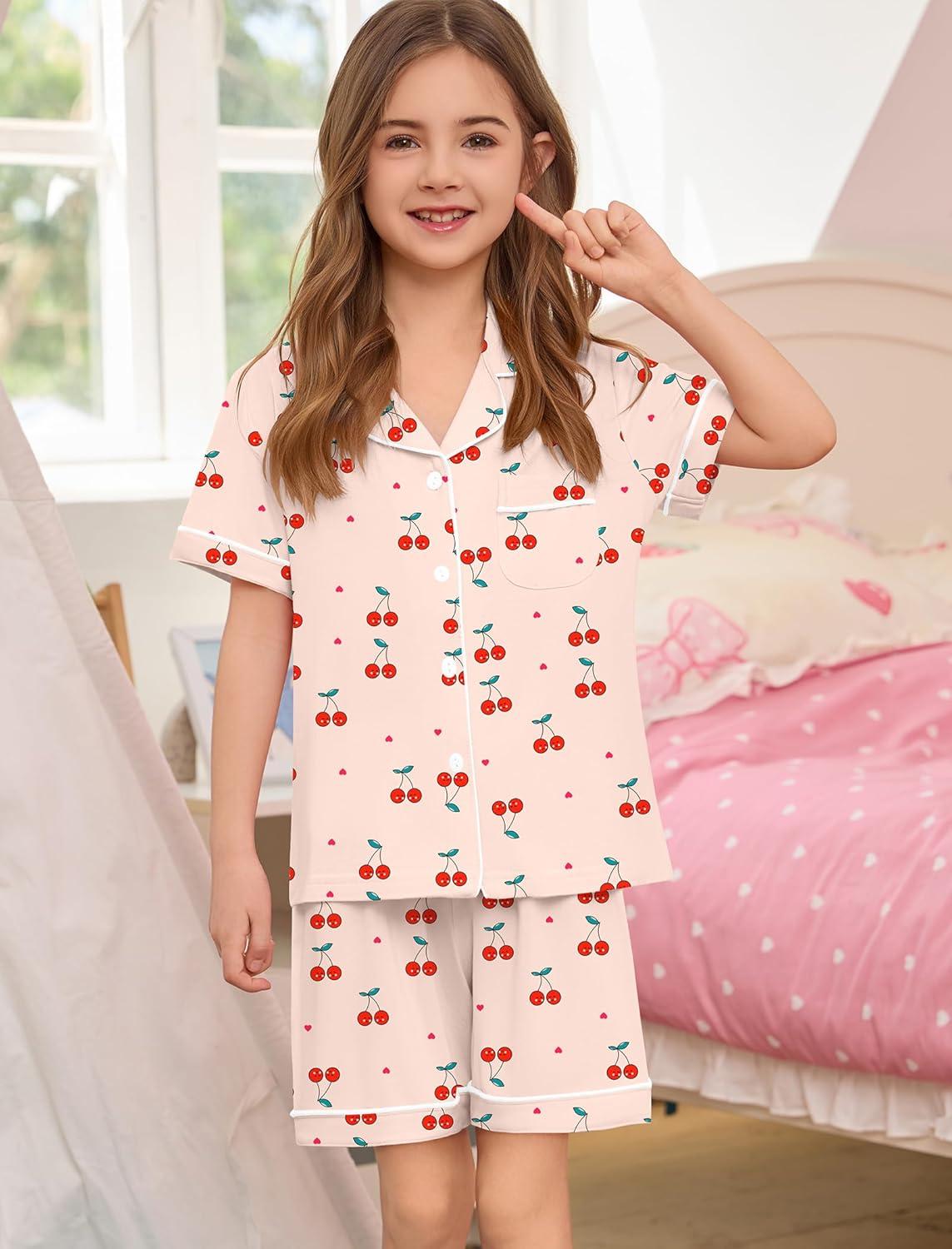 imageSWOMOG Unisex Girls Boys Soft Pajamas Set ButtonDown PJs Short Sleeve Sleepwear Toddler Cute Lounge SetsYellow Cherry