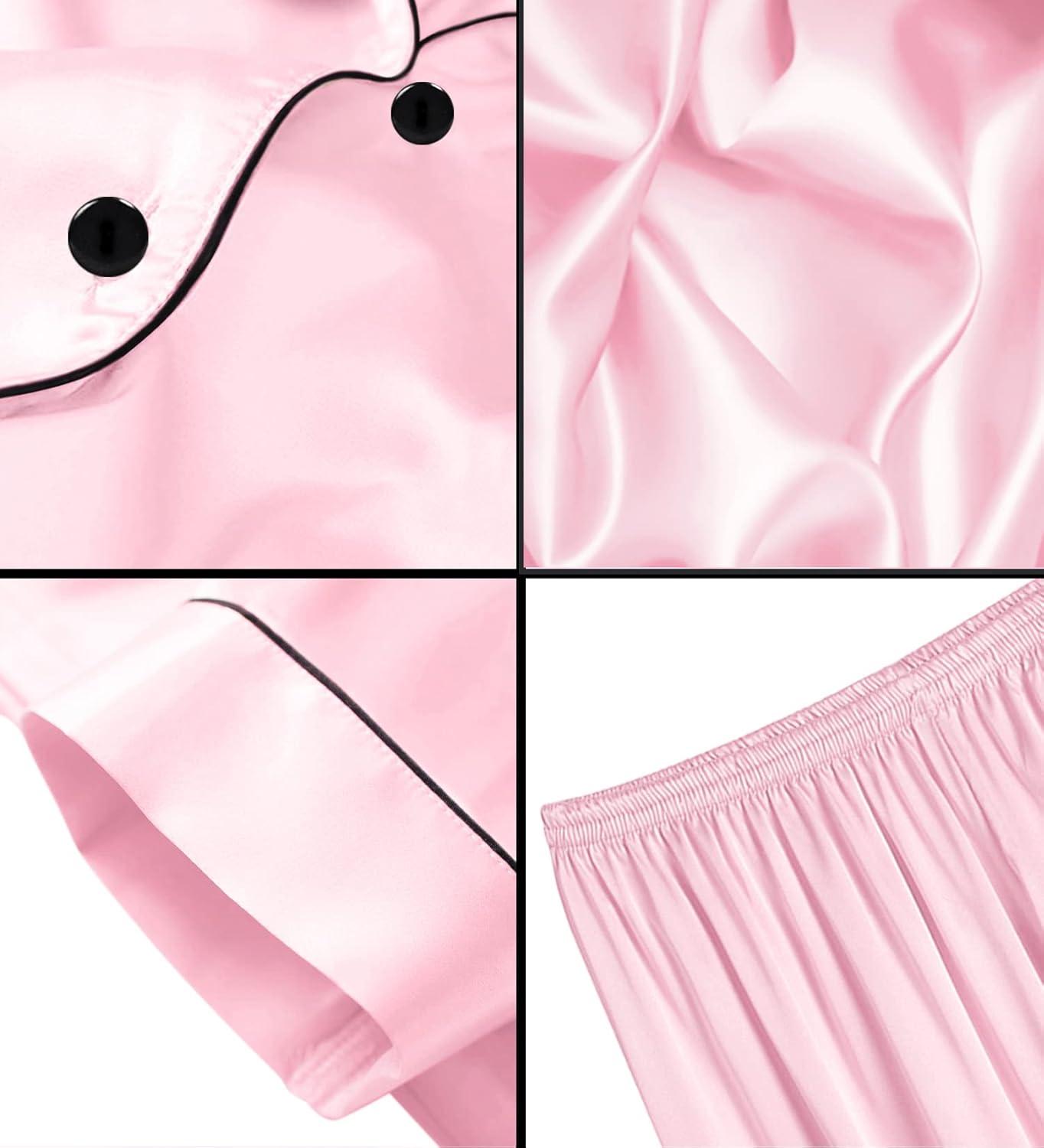 imageSWOMOG Women Plus Size Pajama Set Button Down Pjs 3pcs Silk Satin Sleepwear Loose Shorts Sleeve Loungewear 18W26WPink