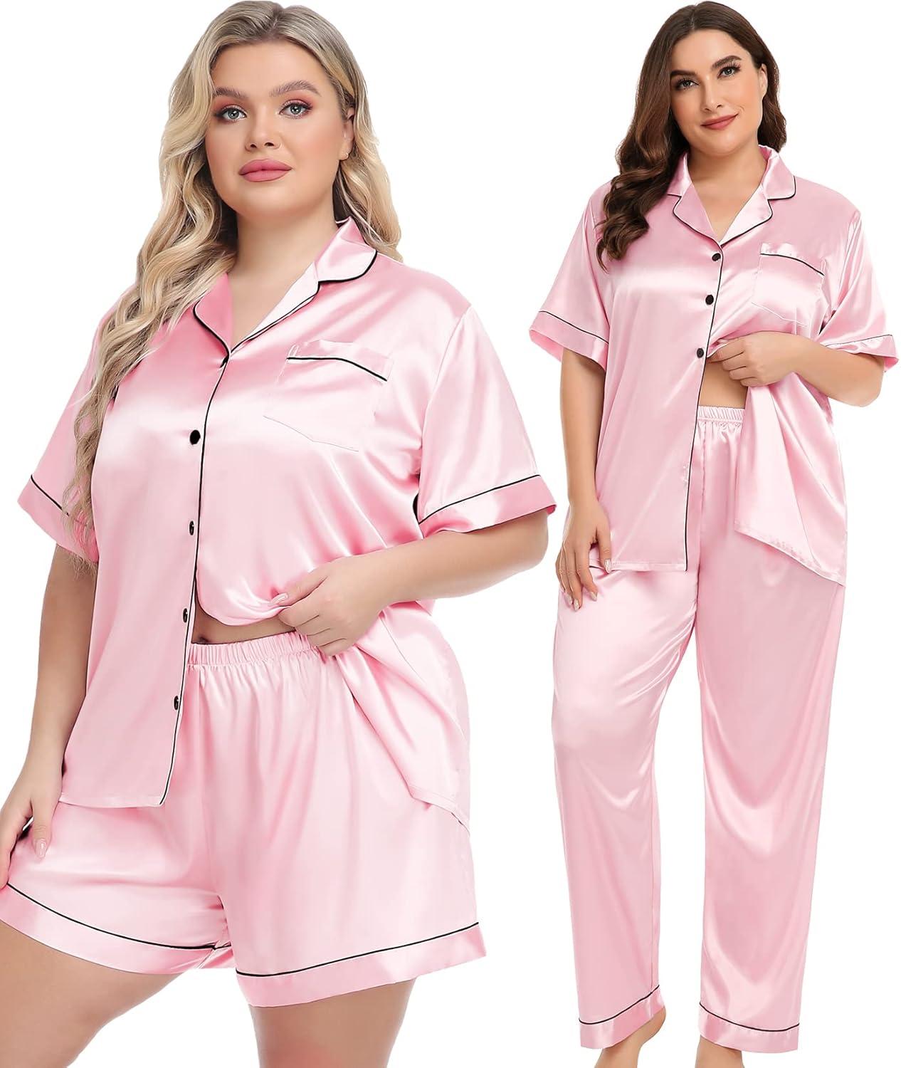 imageSWOMOG Women Plus Size Pajama Set Button Down Pjs 3pcs Silk Satin Sleepwear Loose Shorts Sleeve Loungewear 18W26WPink