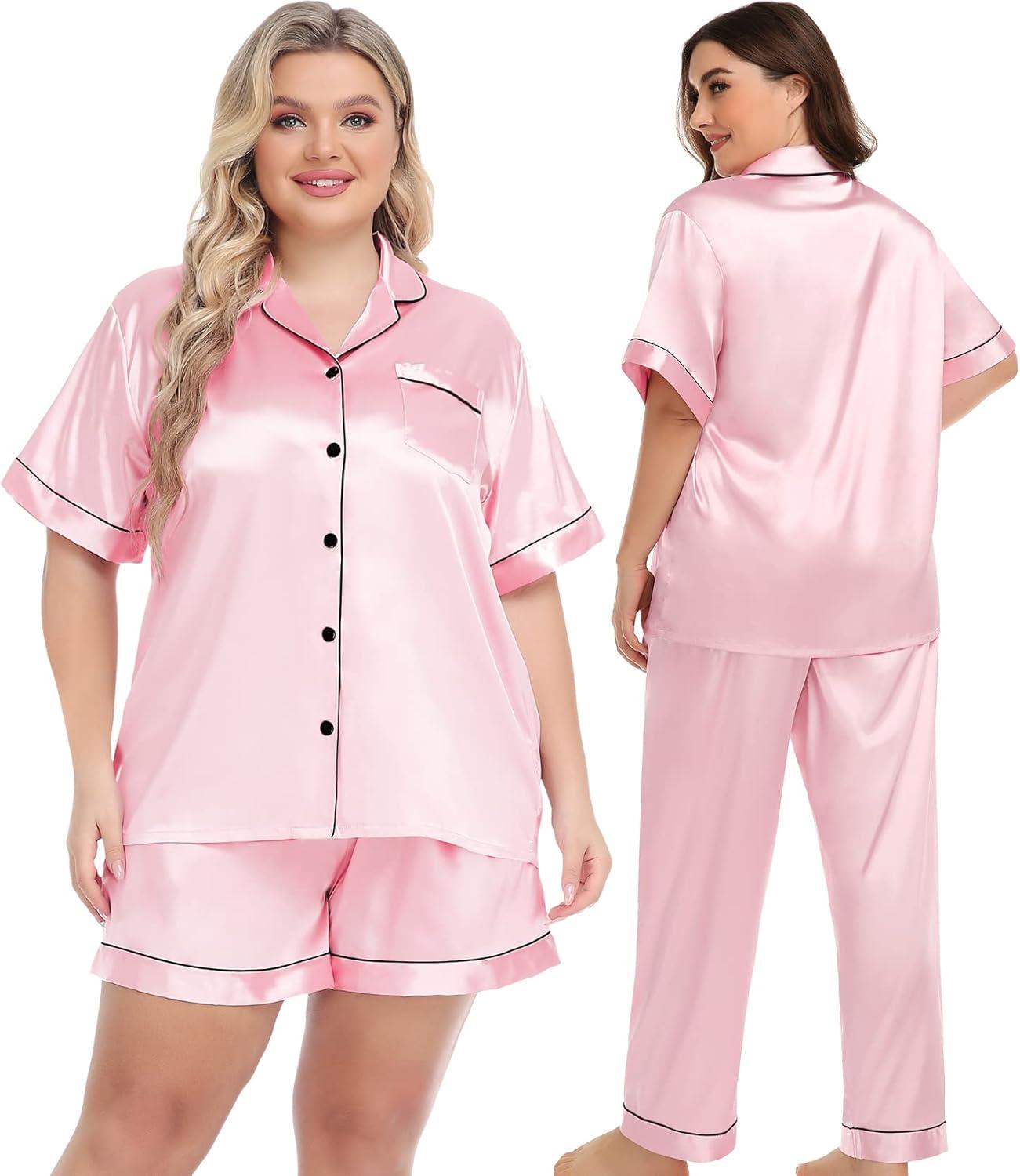 imageSWOMOG Women Plus Size Pajama Set Button Down Pjs 3pcs Silk Satin Sleepwear Loose Shorts Sleeve Loungewear 18W26WPink