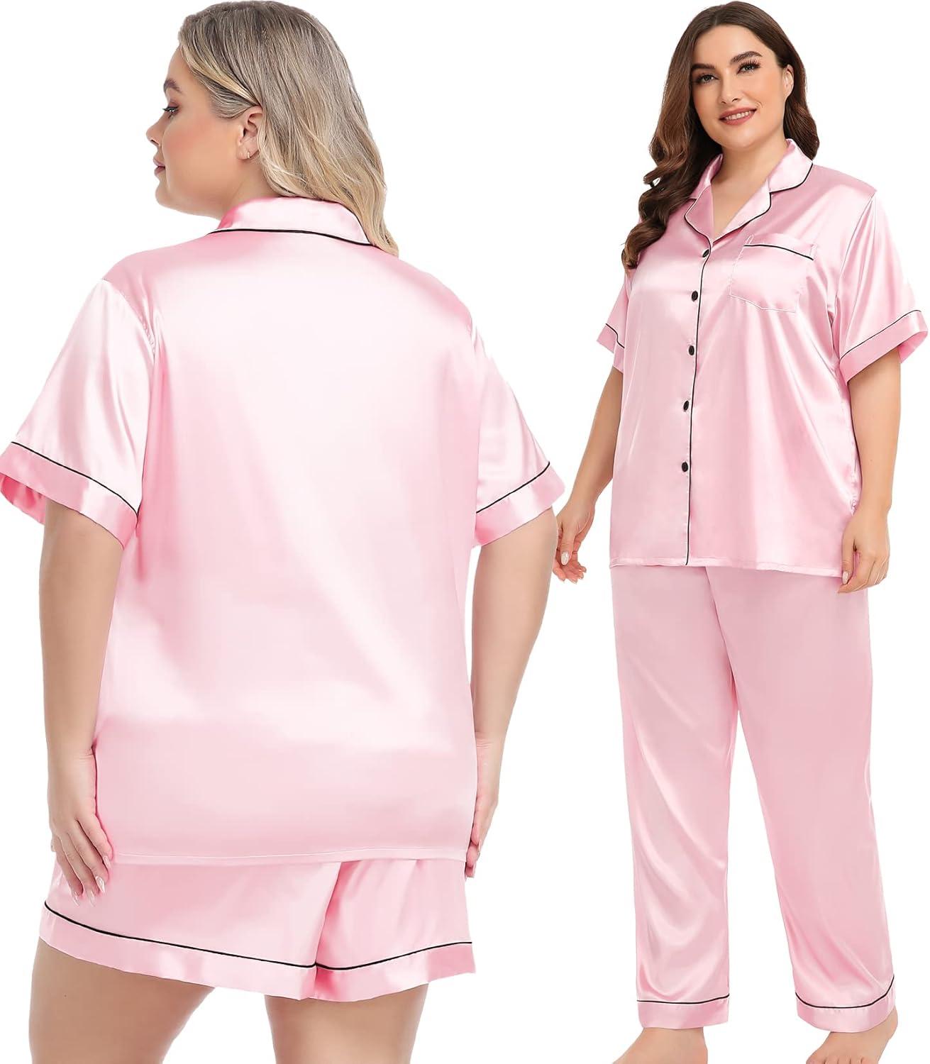 imageSWOMOG Women Plus Size Pajama Set Button Down Pjs 3pcs Silk Satin Sleepwear Loose Shorts Sleeve Loungewear 18W26WPink