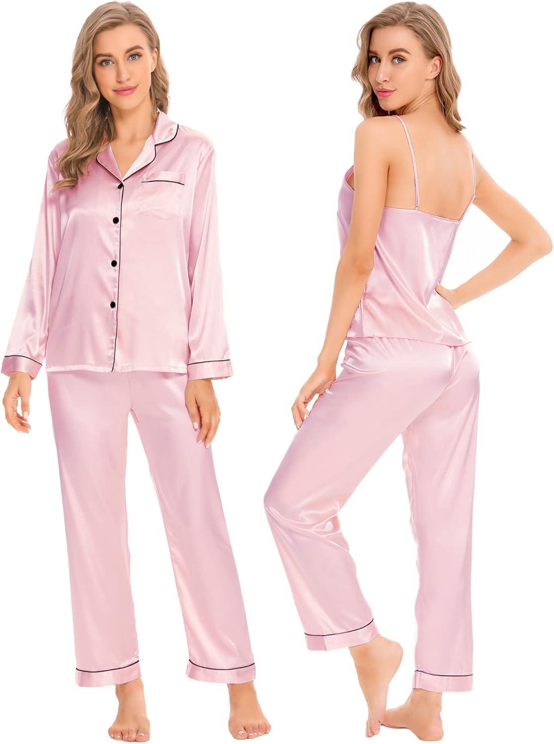 imageSWOMOG Women Satin Pajamas 4pcs Pajama Set Sexy Cami Shorts Set and Button Down Long Sleeve Pjs Loungewear Sleepwear PinkSmall