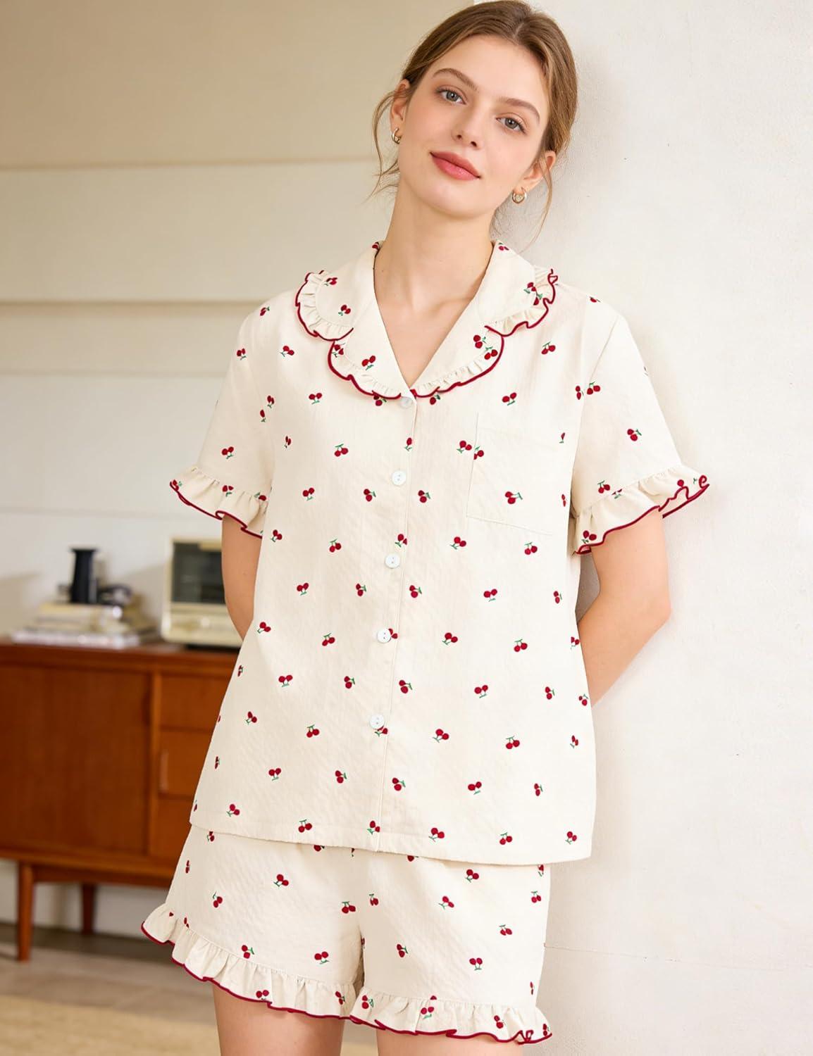 imageSWOMOG Womens Pajama Sets Cute Ruffle Matching PJs Sleepwear Button Down Short Sleeve Loungewear 2 Piece PJ SetBeige Cherry
