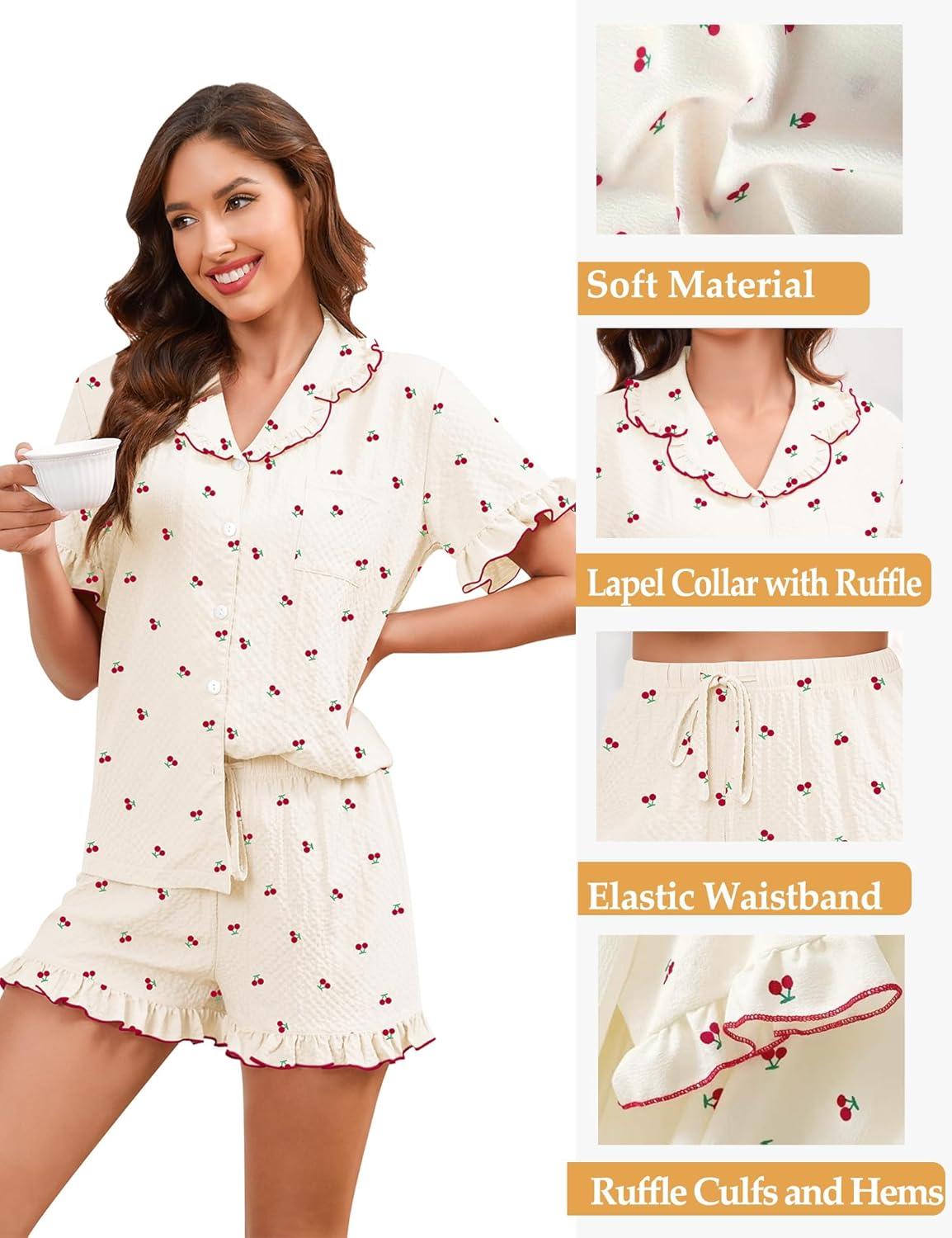 imageSWOMOG Womens Pajama Sets Cute Ruffle Matching PJs Sleepwear Button Down Short Sleeve Loungewear 2 Piece PJ SetBeige Cherry
