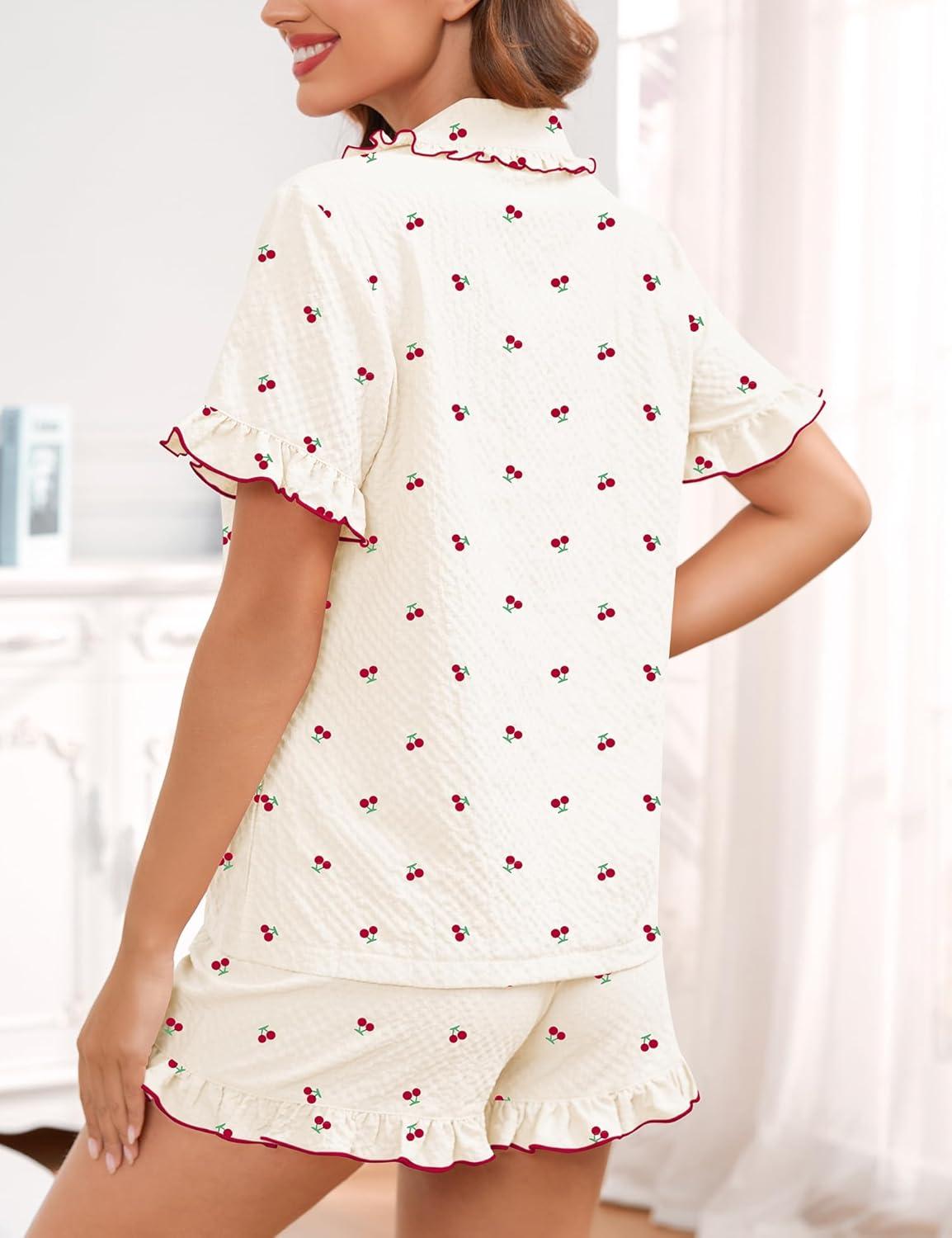 imageSWOMOG Womens Pajama Sets Cute Ruffle Matching PJs Sleepwear Button Down Short Sleeve Loungewear 2 Piece PJ SetBeige Cherry