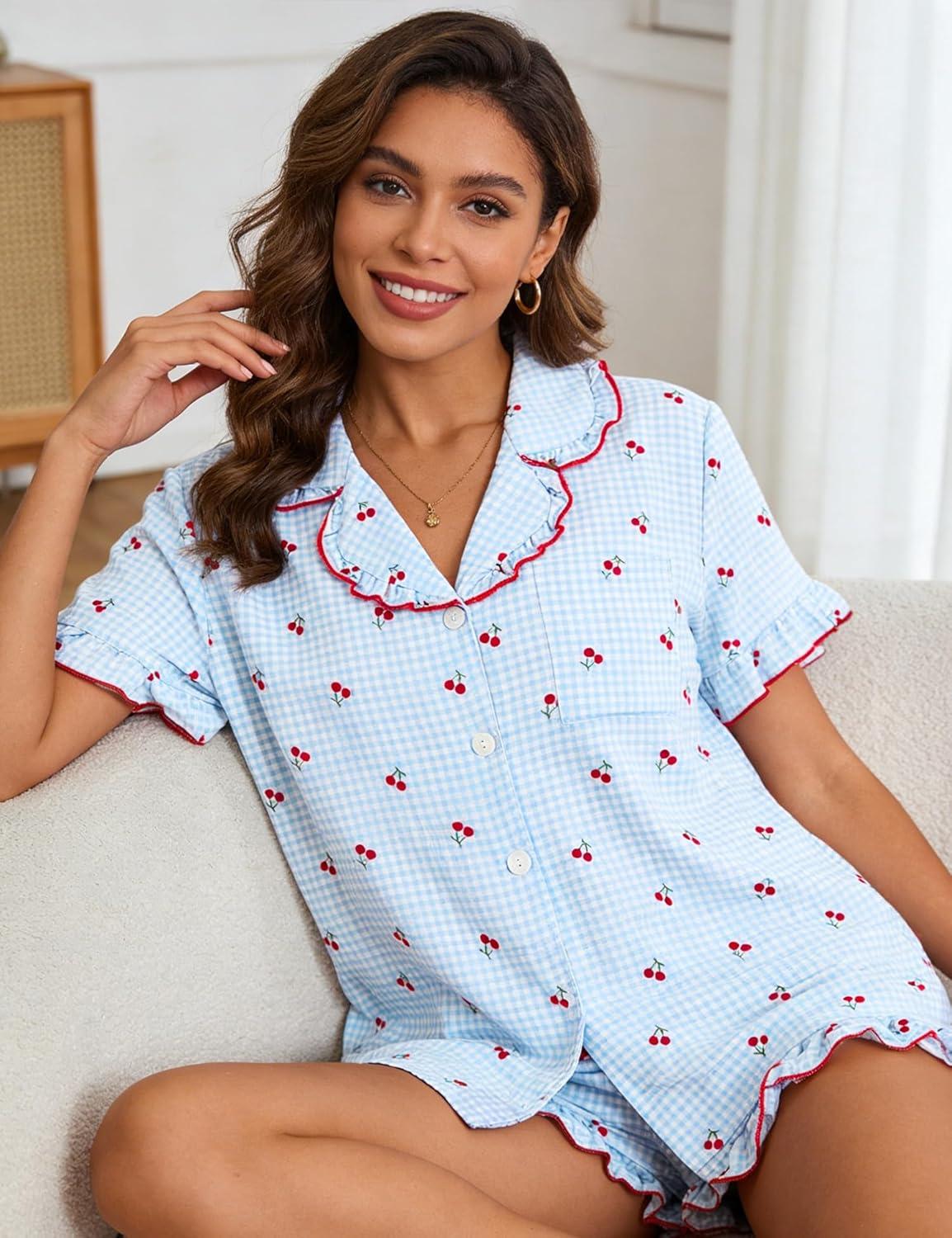 imageSWOMOG Womens Pajama Sets Cute Ruffle Matching PJs Sleepwear Button Down Short Sleeve Loungewear 2 Piece PJ SetBlue Plaid Cherry