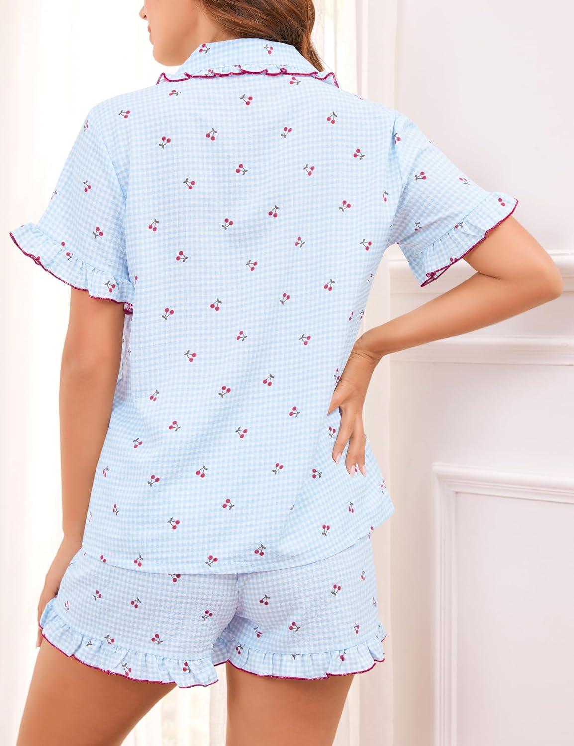 imageSWOMOG Womens Pajama Sets Cute Ruffle Matching PJs Sleepwear Button Down Short Sleeve Loungewear 2 Piece PJ SetBlue Plaid Cherry