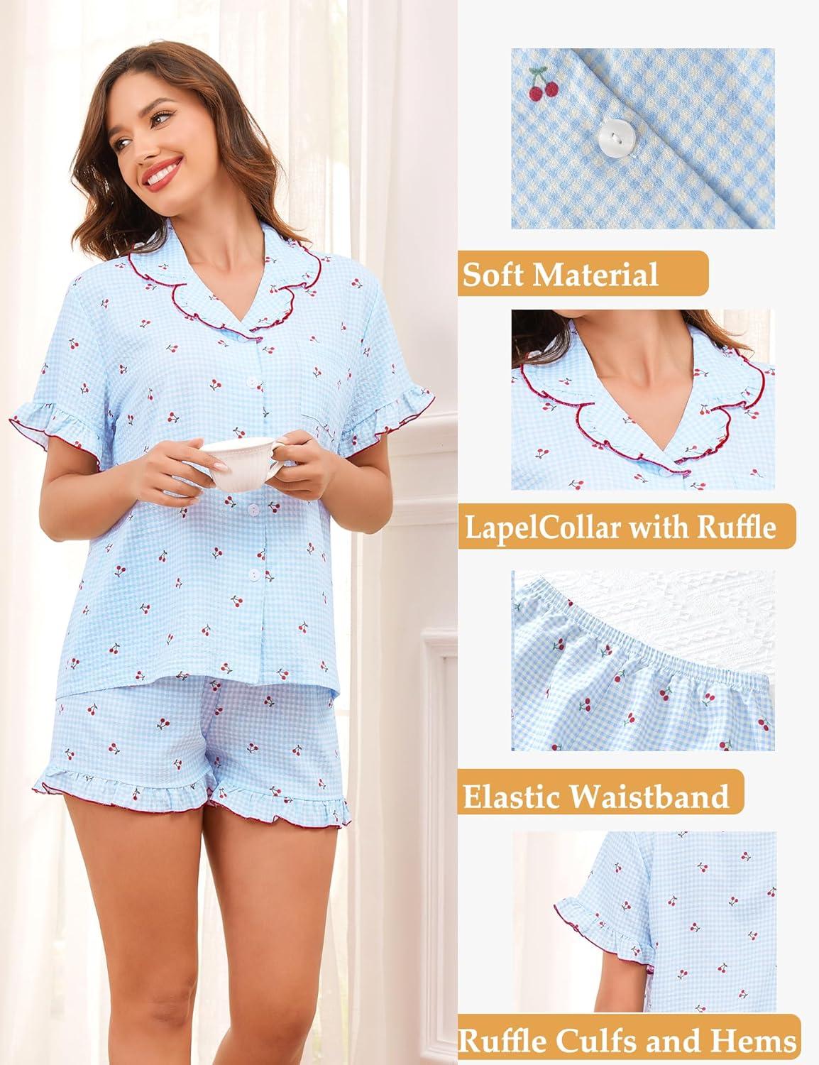 imageSWOMOG Womens Pajama Sets Cute Ruffle Matching PJs Sleepwear Button Down Short Sleeve Loungewear 2 Piece PJ SetBlue Plaid Cherry