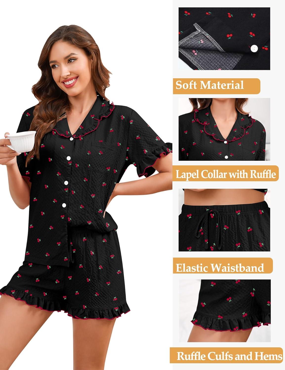 imageSWOMOG Womens Pajama Sets Cute Ruffle Matching PJs Sleepwear Button Down Short Sleeve Loungewear 2 Piece PJ SetCherry Black